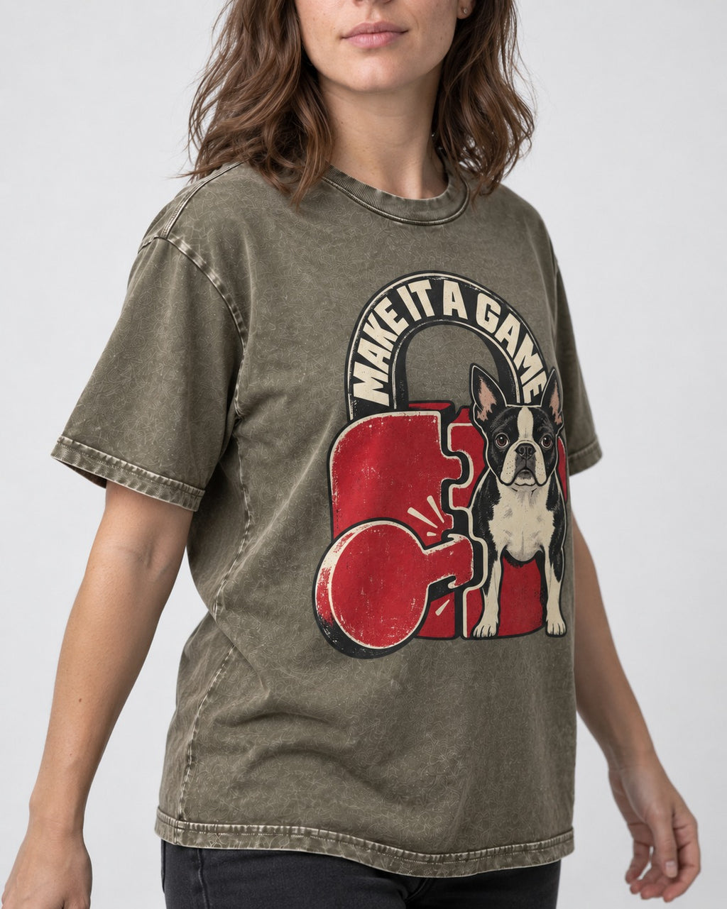 Boston Terrier Make It a Game Washed Tee in Army Green, worn by a model, front view