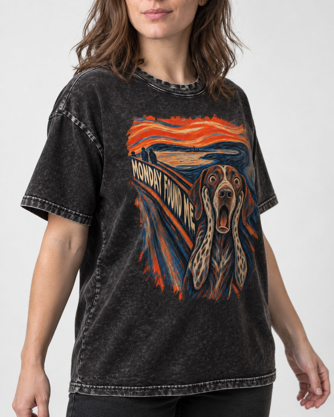 German Shorthaired Pointer Monday Found Me Scream Parody Graphic Washed Tee in Black, worn by a model, front view