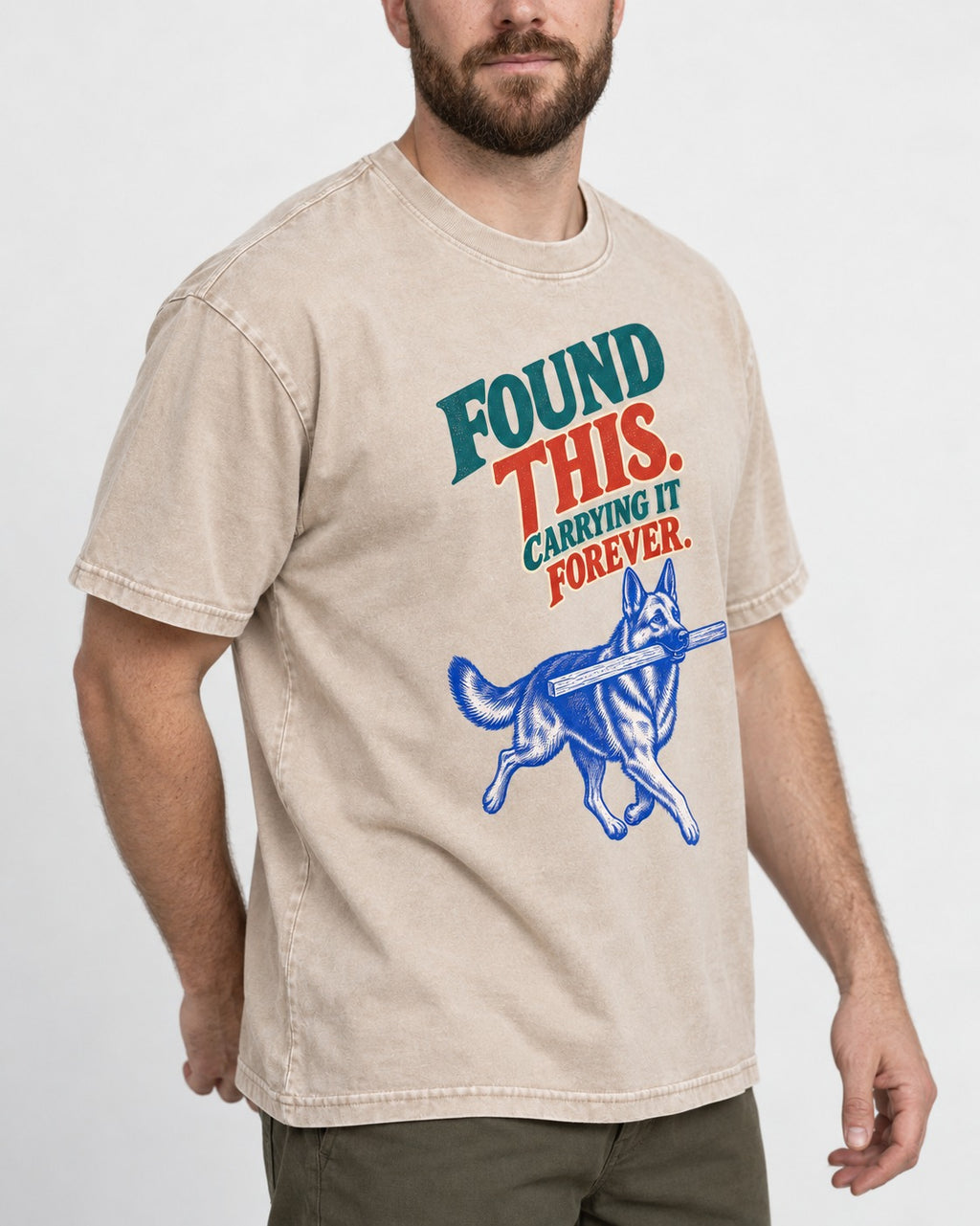 German Shepherd Dog Carrying It Forever Washed Tee in Apricot, worn by a model, front view