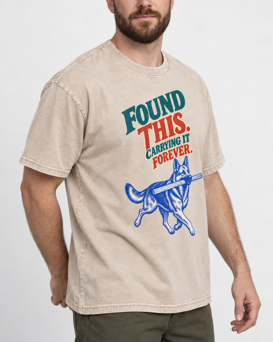 German Shepherd Dog Carrying It Forever Washed Tee in Apricot, worn by a model, front view