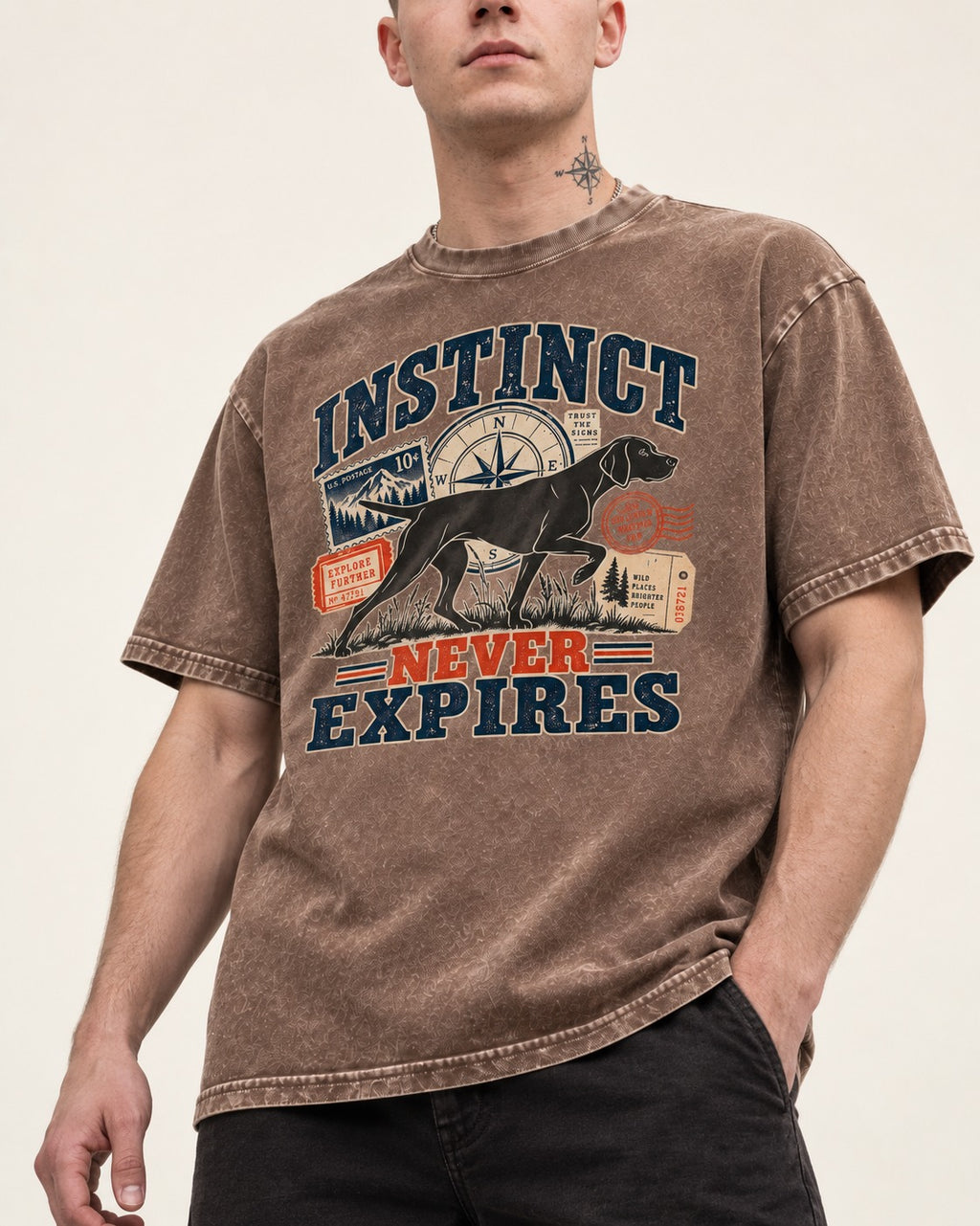 German Shorthaired Pointer Instinct Never Expires Washed Tee in Coffee, worn by a model, front view