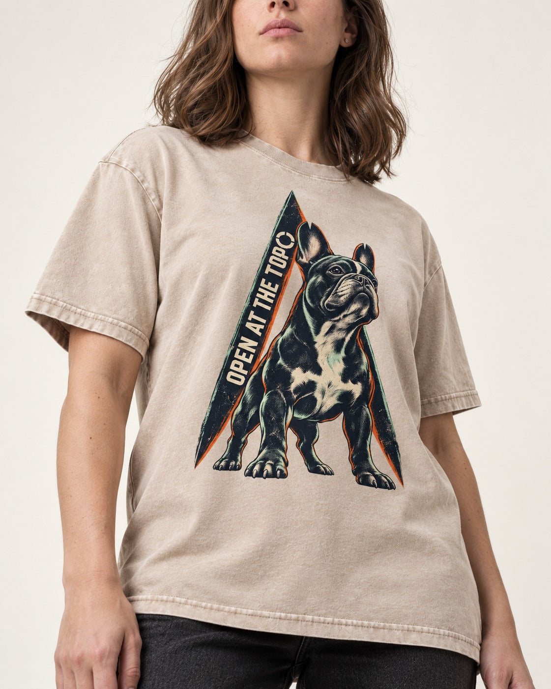 Frenchie Open at the Top Washed Tee in Apricot, worn by a model, front view