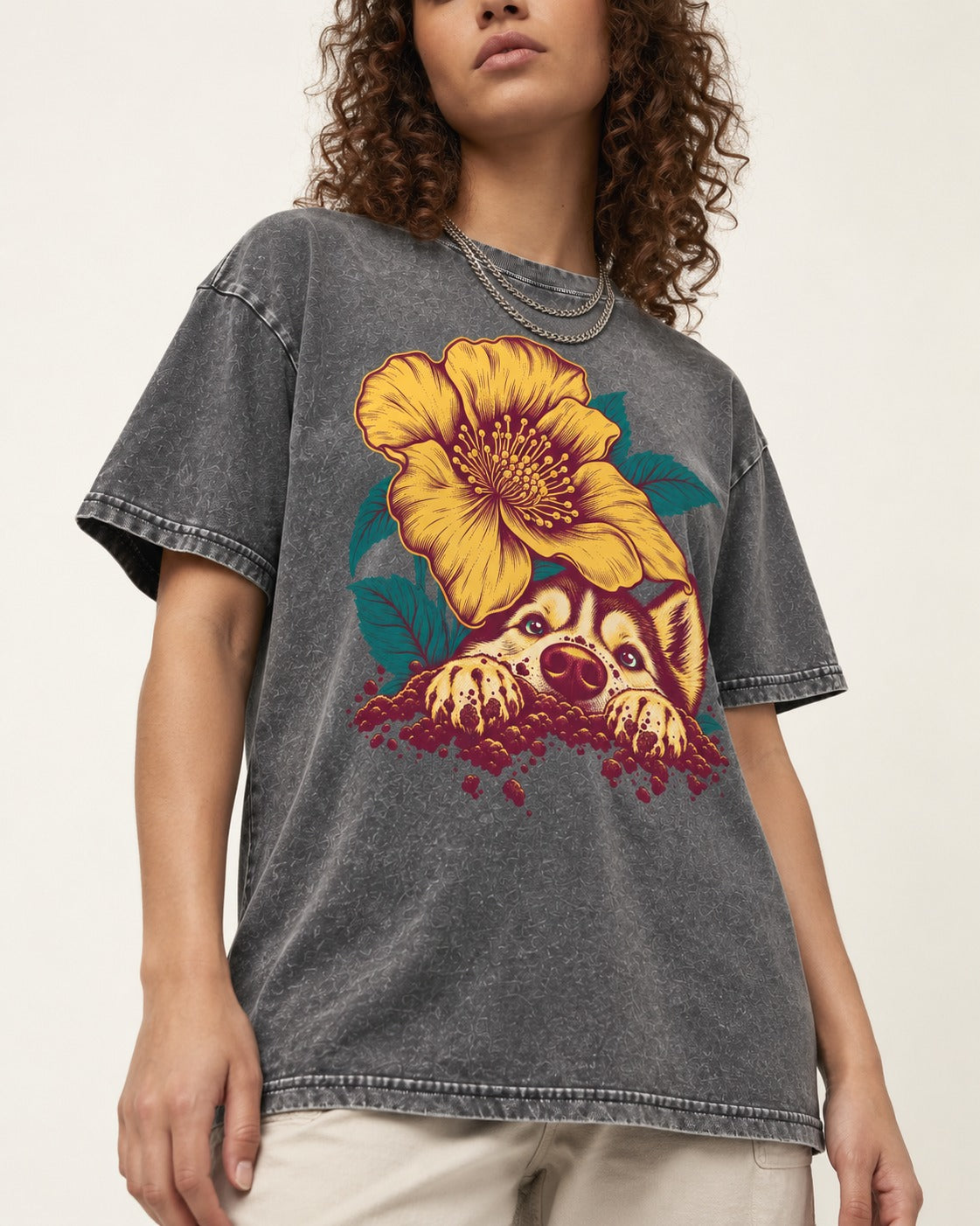Husky Flower Witness Peeking Floral Graphic Washed Tee in Gray, worn by a model, front view
