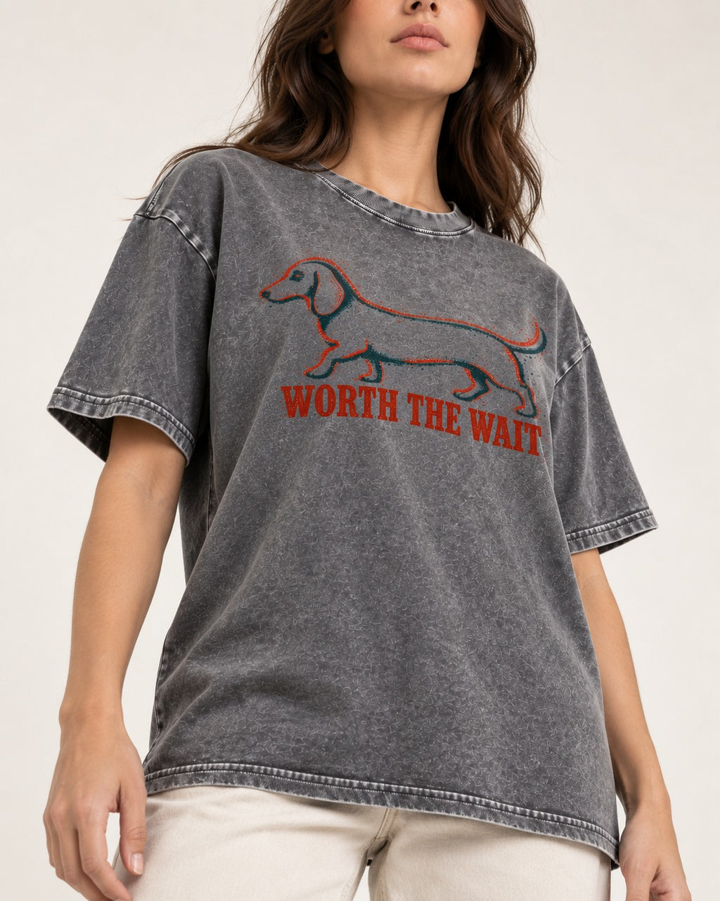 Dachshund Worth The Wait Distressed Outline Graphic Washed Tee in Gray, worn by a model, front view