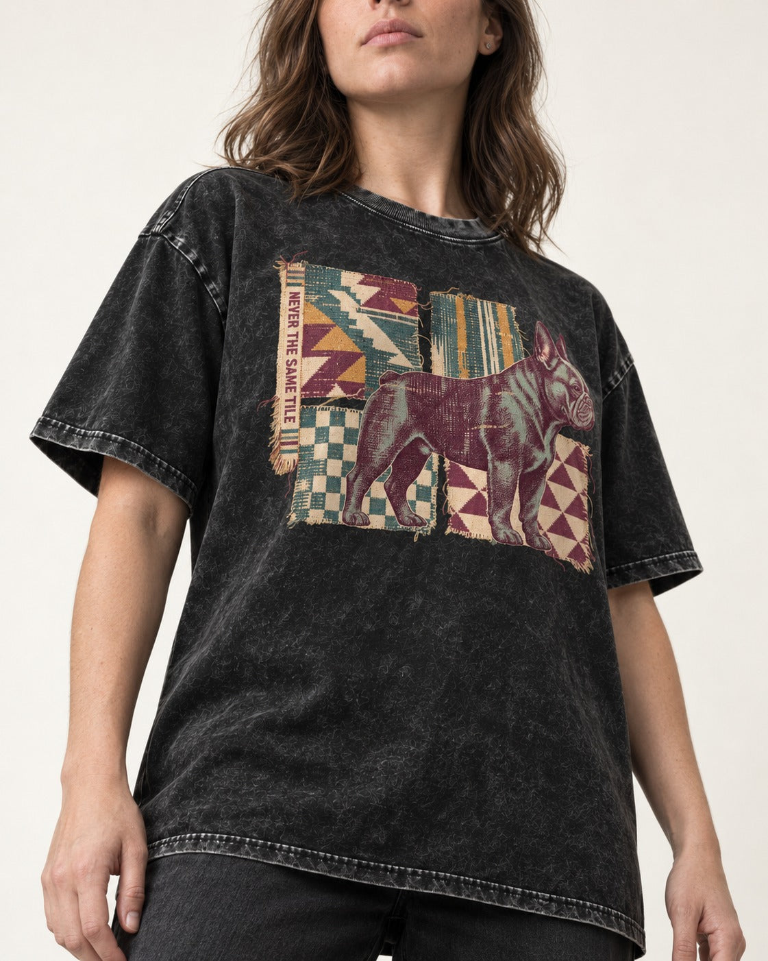 Frenchie Never the Same Tile Textile Graphic Washed Tee in Black, worn by a model, front view