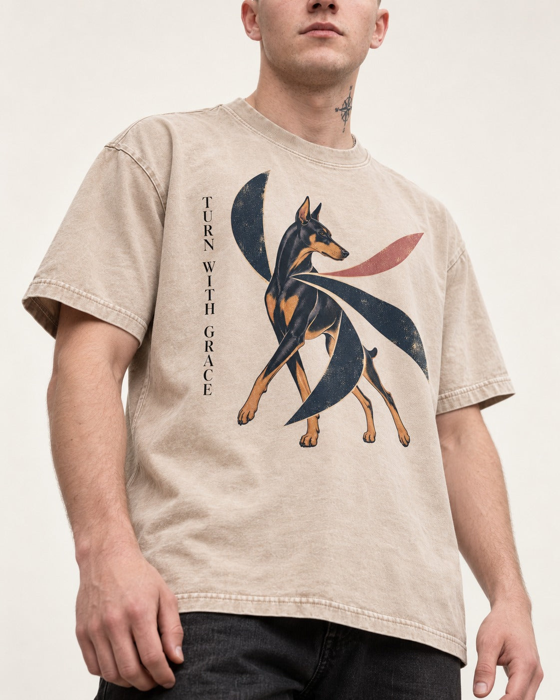 Turn with Doberman Grace Washed Tee in Apricot, worn by a model, front view