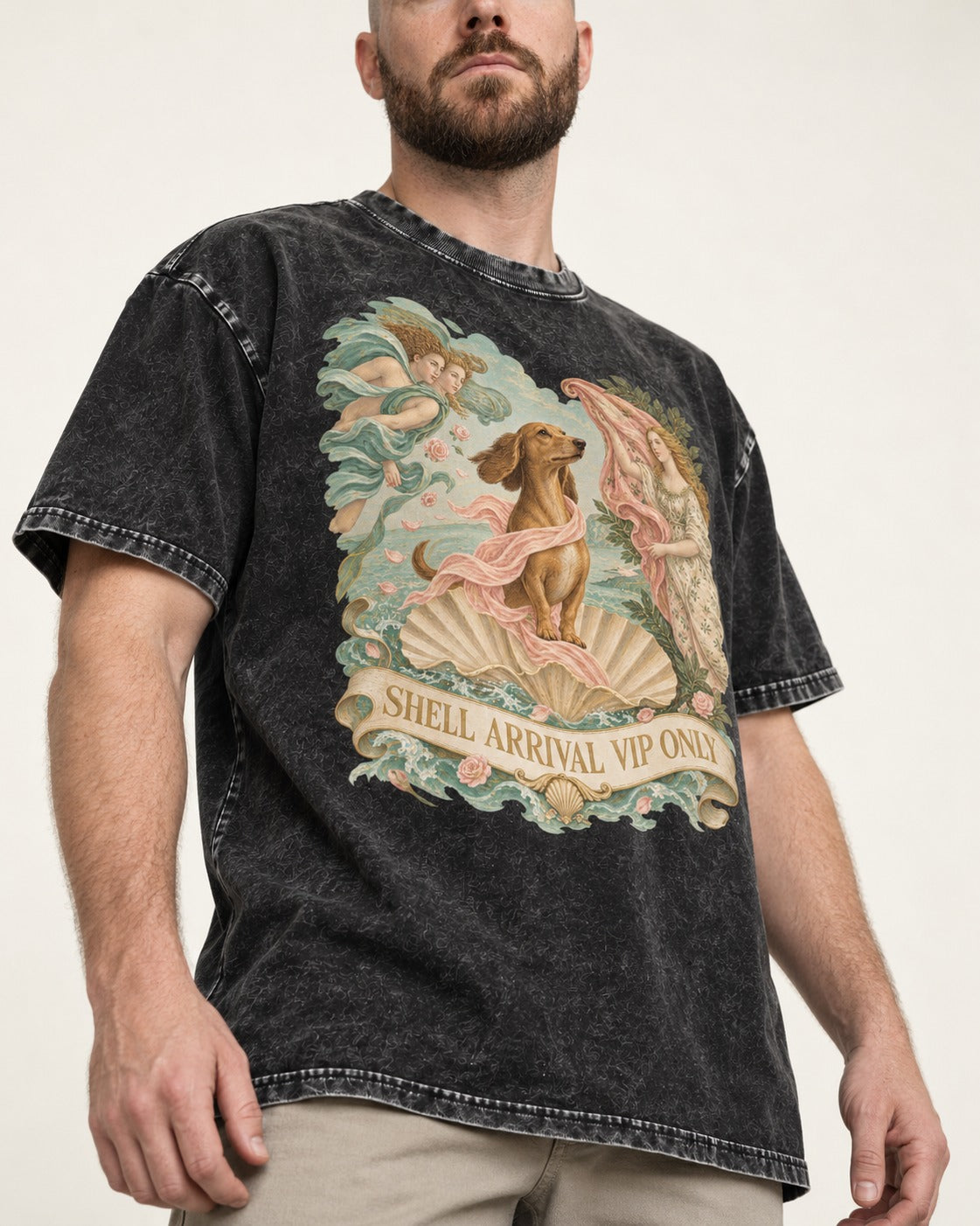 Dachshund Shell Arrival VIP Only Venus Parody Graphic Washed Tee in Black, worn by a model, front view