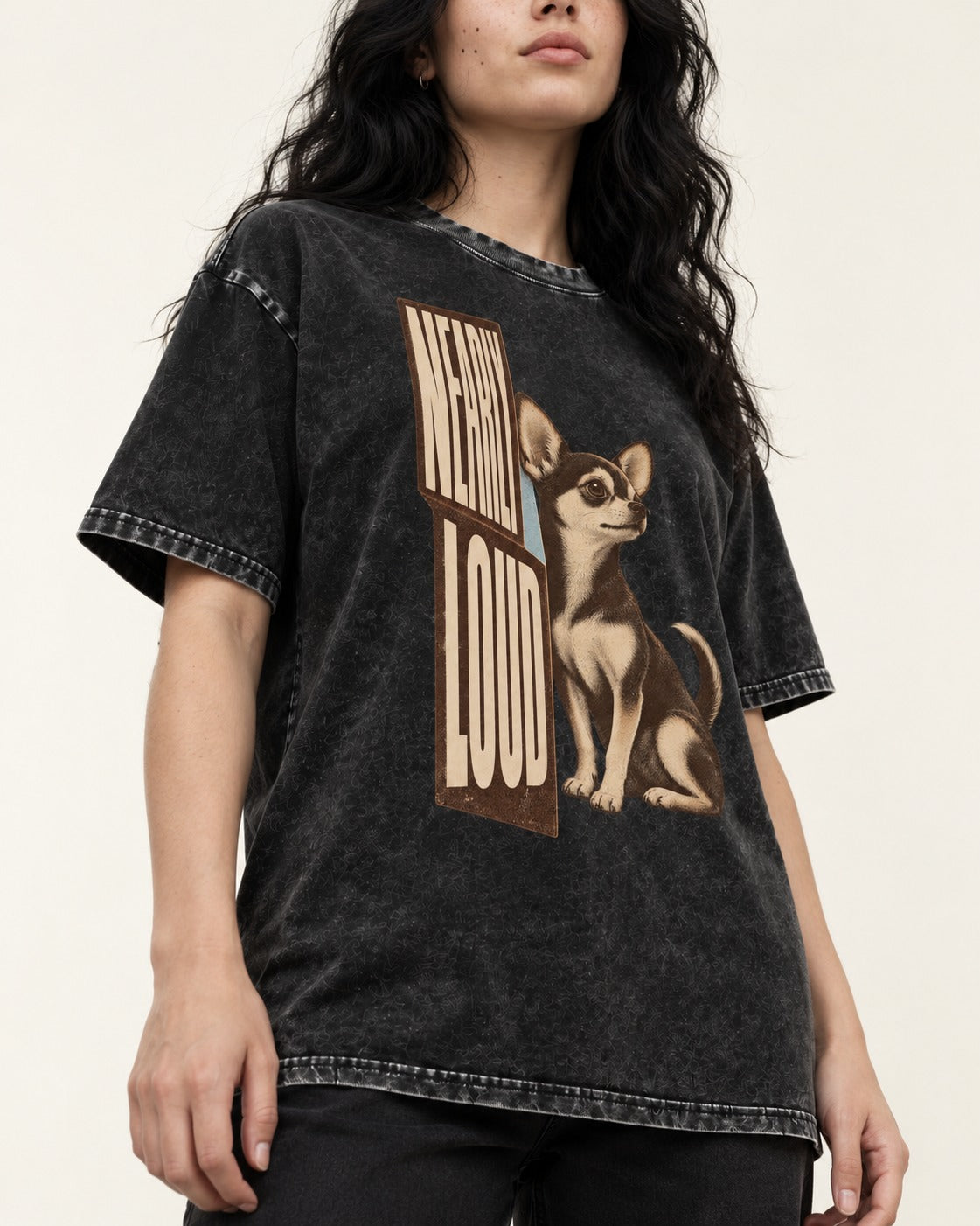 Chihuahua Never Loud Washed Tee in Black, worn by a model, front view