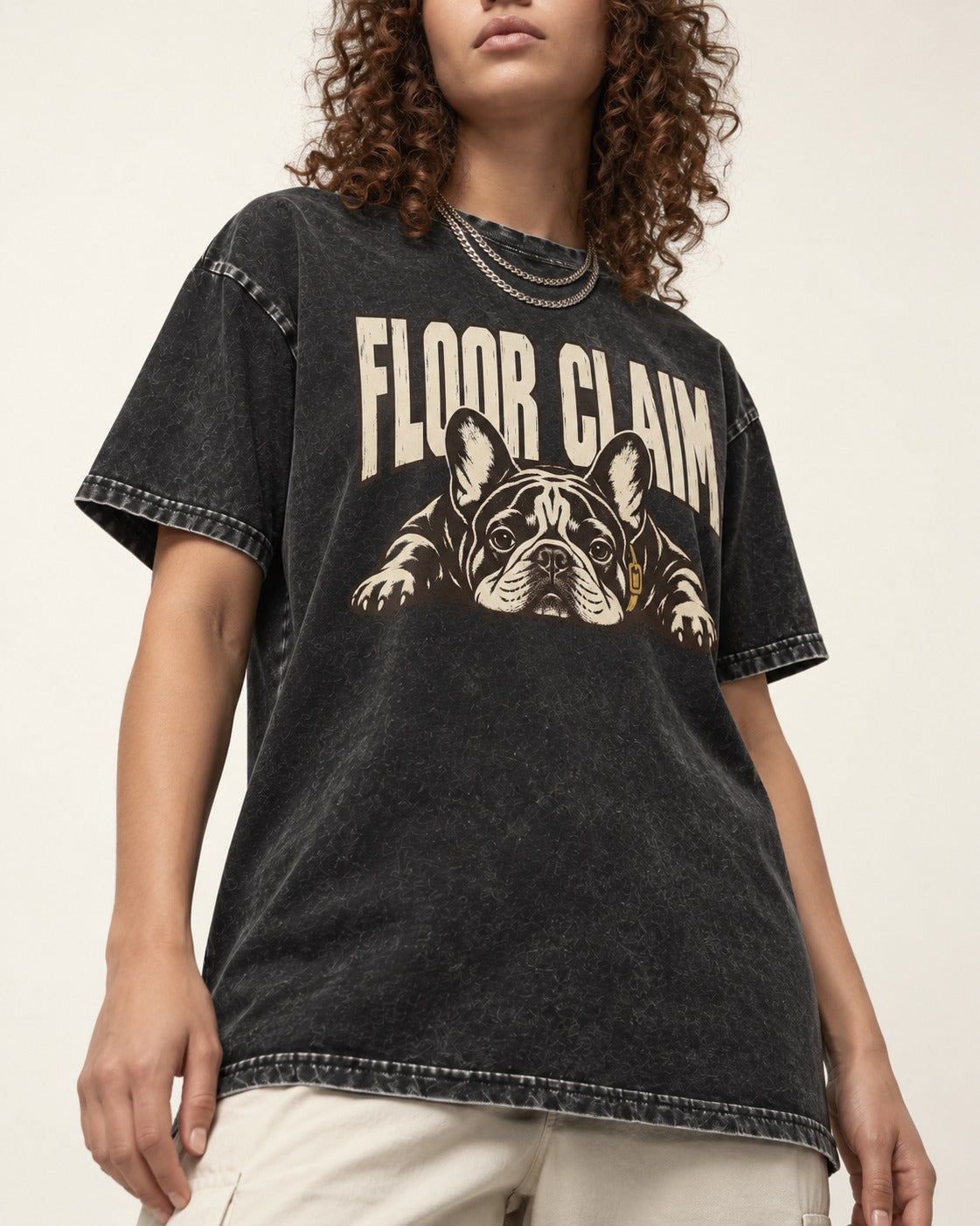 Frenchie Floor Claim Resting Graphic Washed Tee in Black, worn by a model, front view