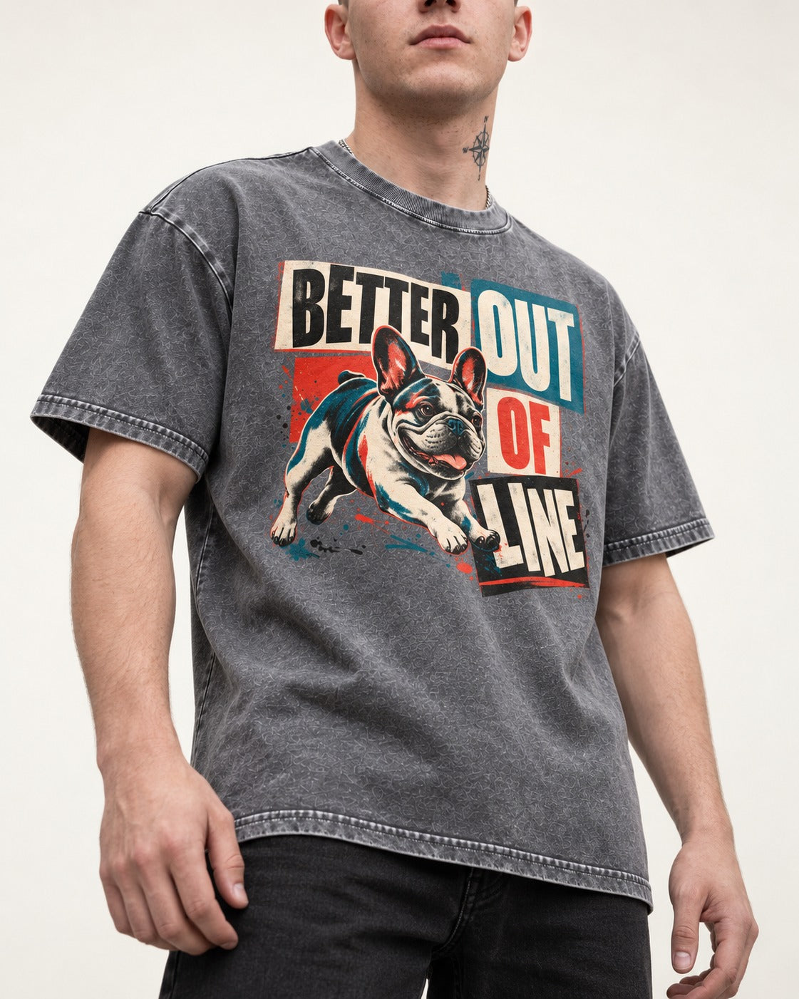 Frenchie Better Out of Line Running Graphic Washed Tee in Gray, worn by a model, front view