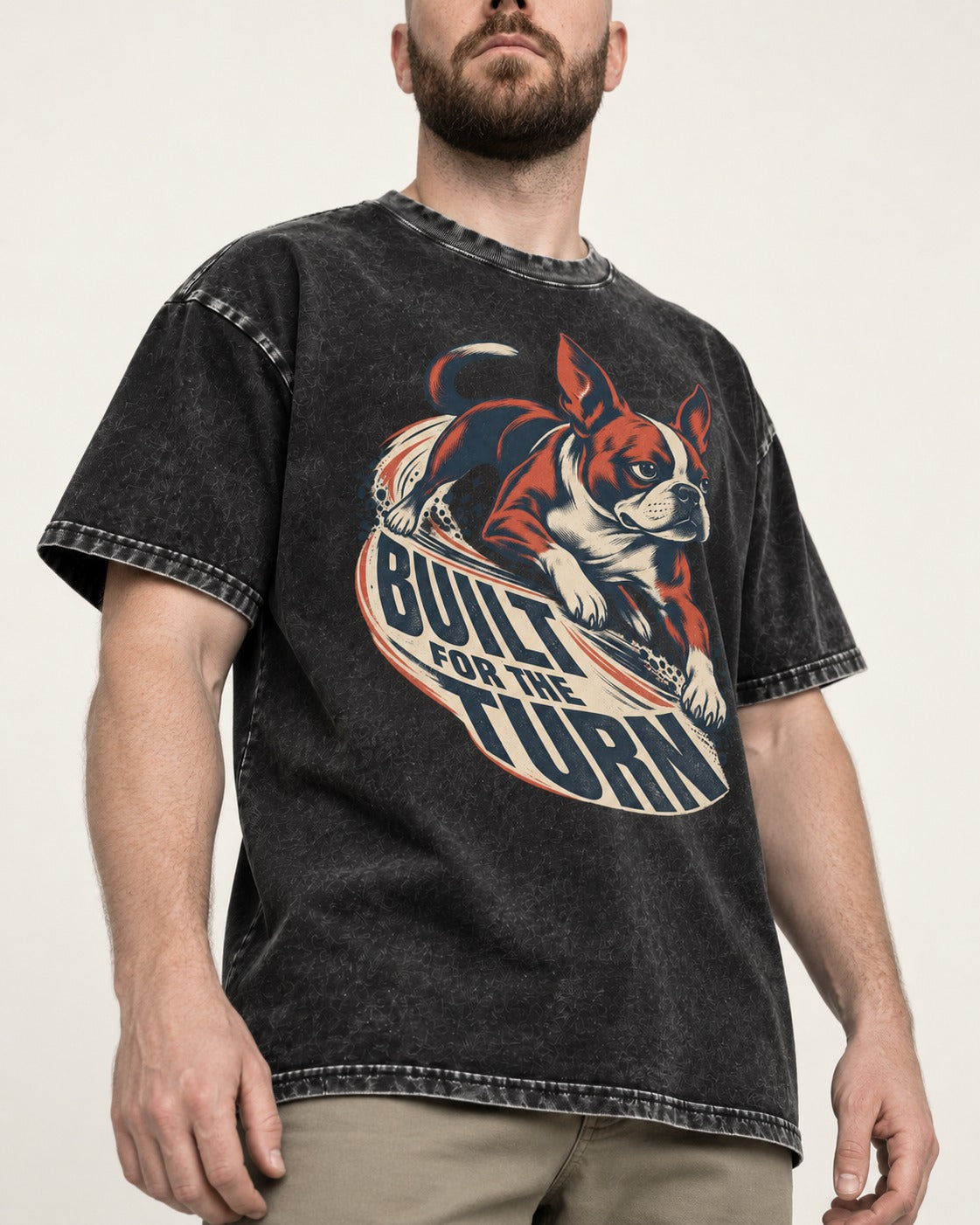 Built for the Turn Boston Terrier Washed Tee in Black, worn by a model, front view
