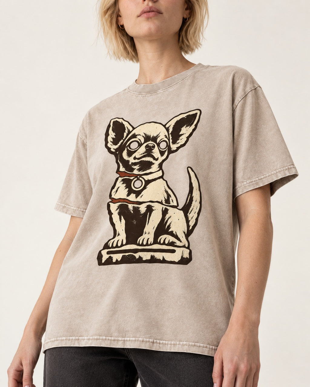 Chihuahua's Eternal Vigil Washed Tee in Apricot, worn by a model, front view