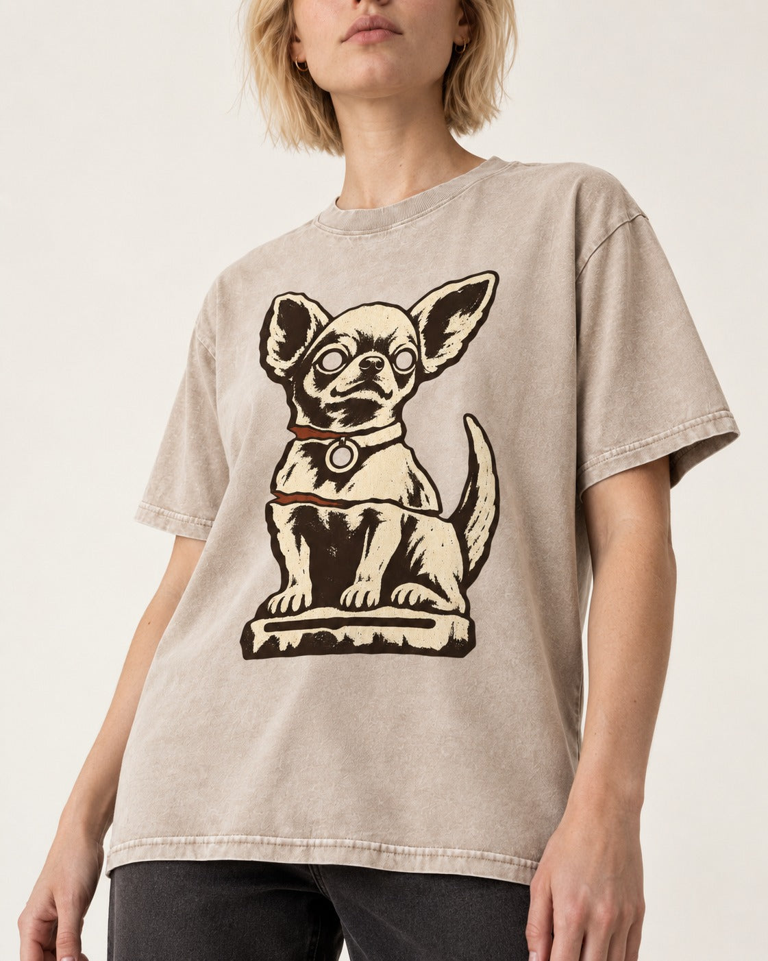 Chihuahua's Eternal Vigil Washed Tee in Apricot, worn by a model, front view