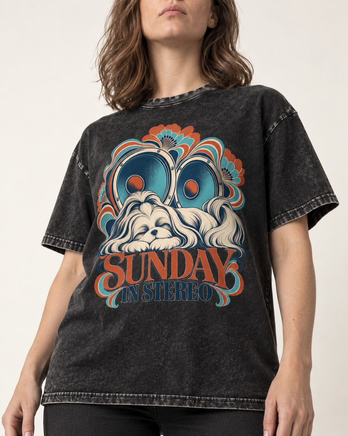 Shih Tzu Sunday in Stereo Retro Speaker Graphic Washed Tee in Black, worn by a model, front view