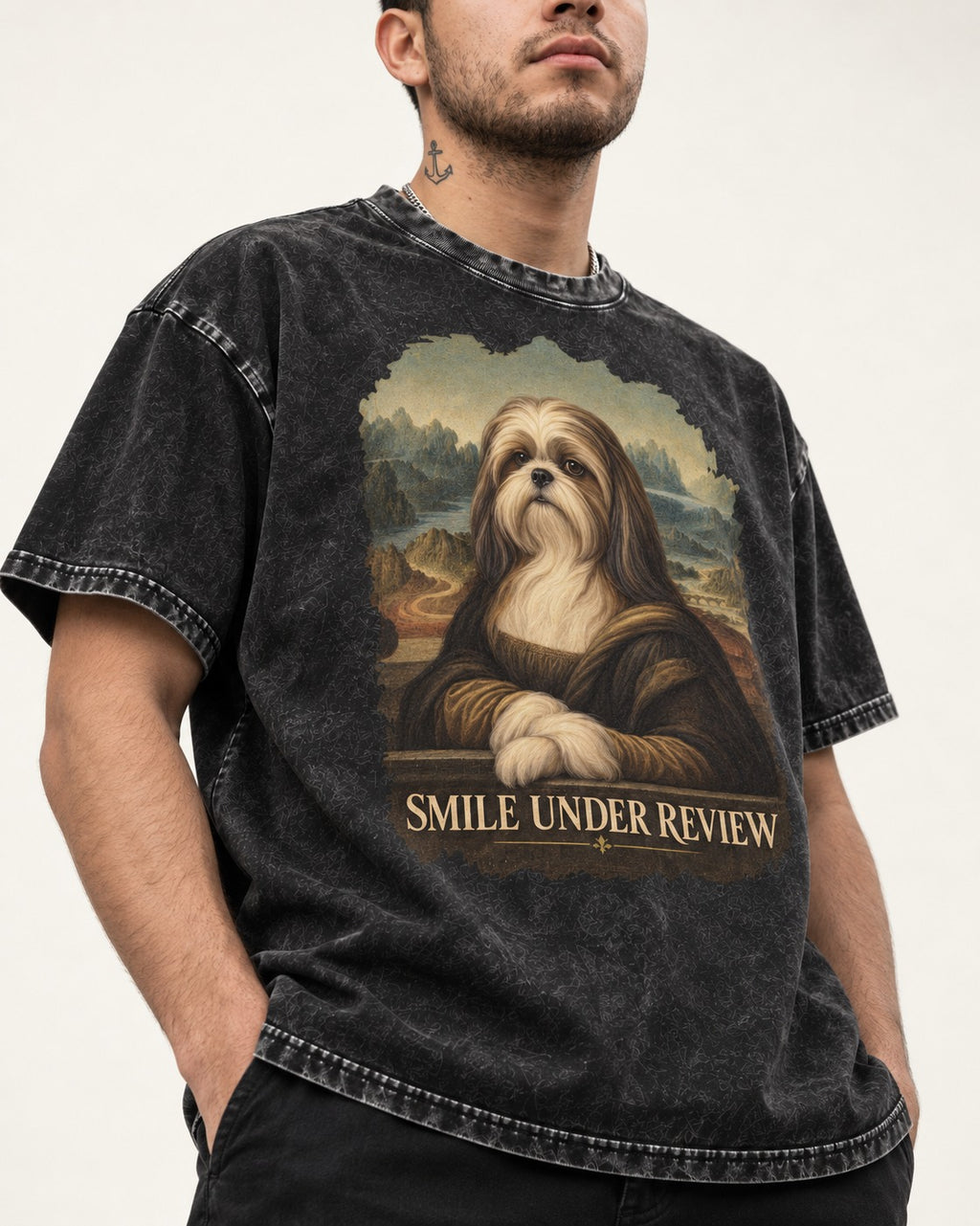 Shih Tzu Smile Under Review Old Master Portrait Graphic Washed Tee in Black, worn by a model, front view