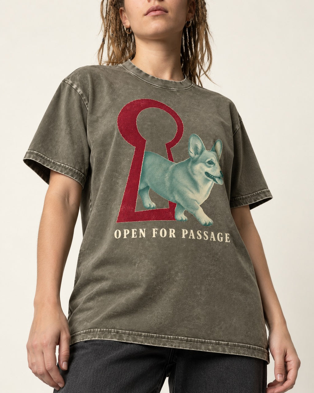 Corgi Open for Passage Keyhole Graphic Washed Tee in Army Green, worn by a model, front view