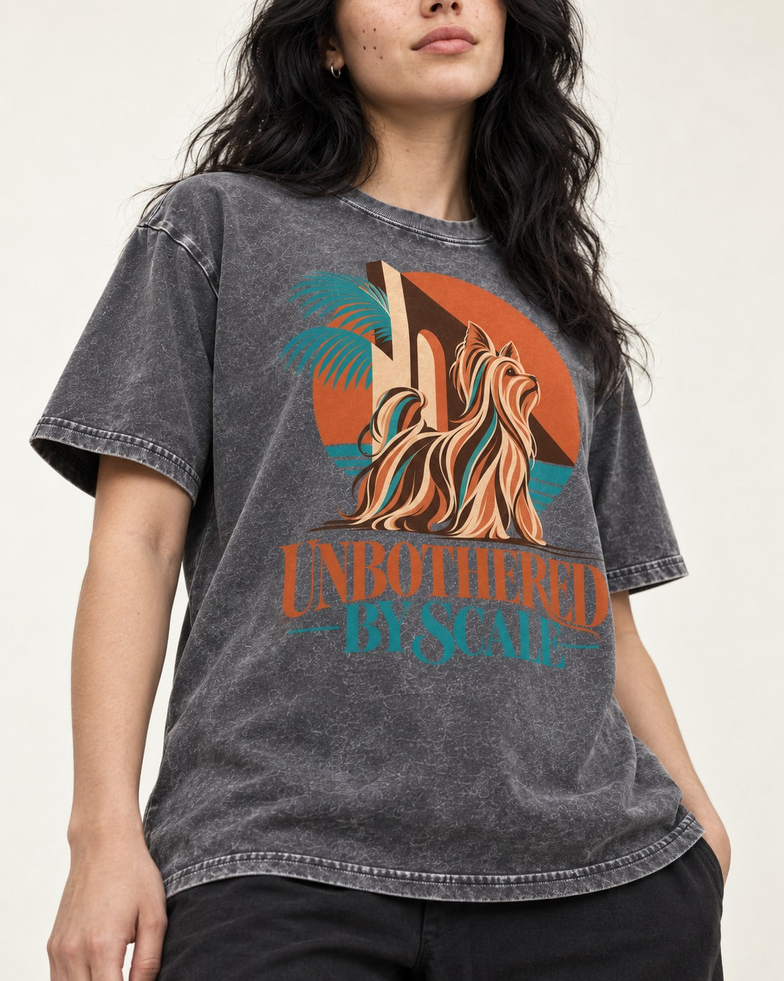 Yorkshire Terrier Unbothered by Scale Tropical Architecture Graphic Washed Tee in Gray, worn by a model, front view
