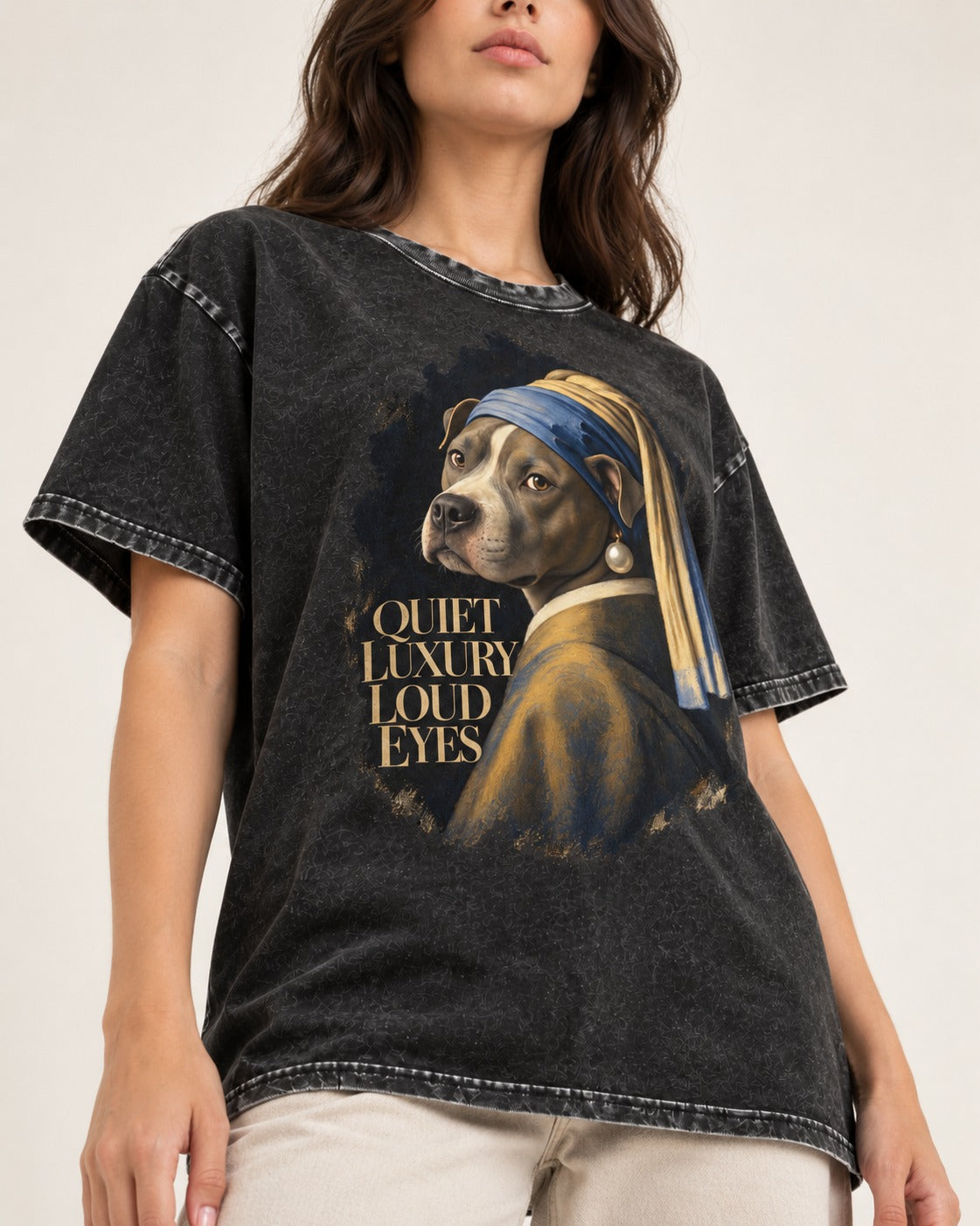 Pitbull Quiet Luxury Loud Eyes Pearl Earring Portrait Graphic Washed Tee in Black, worn by a model, front view