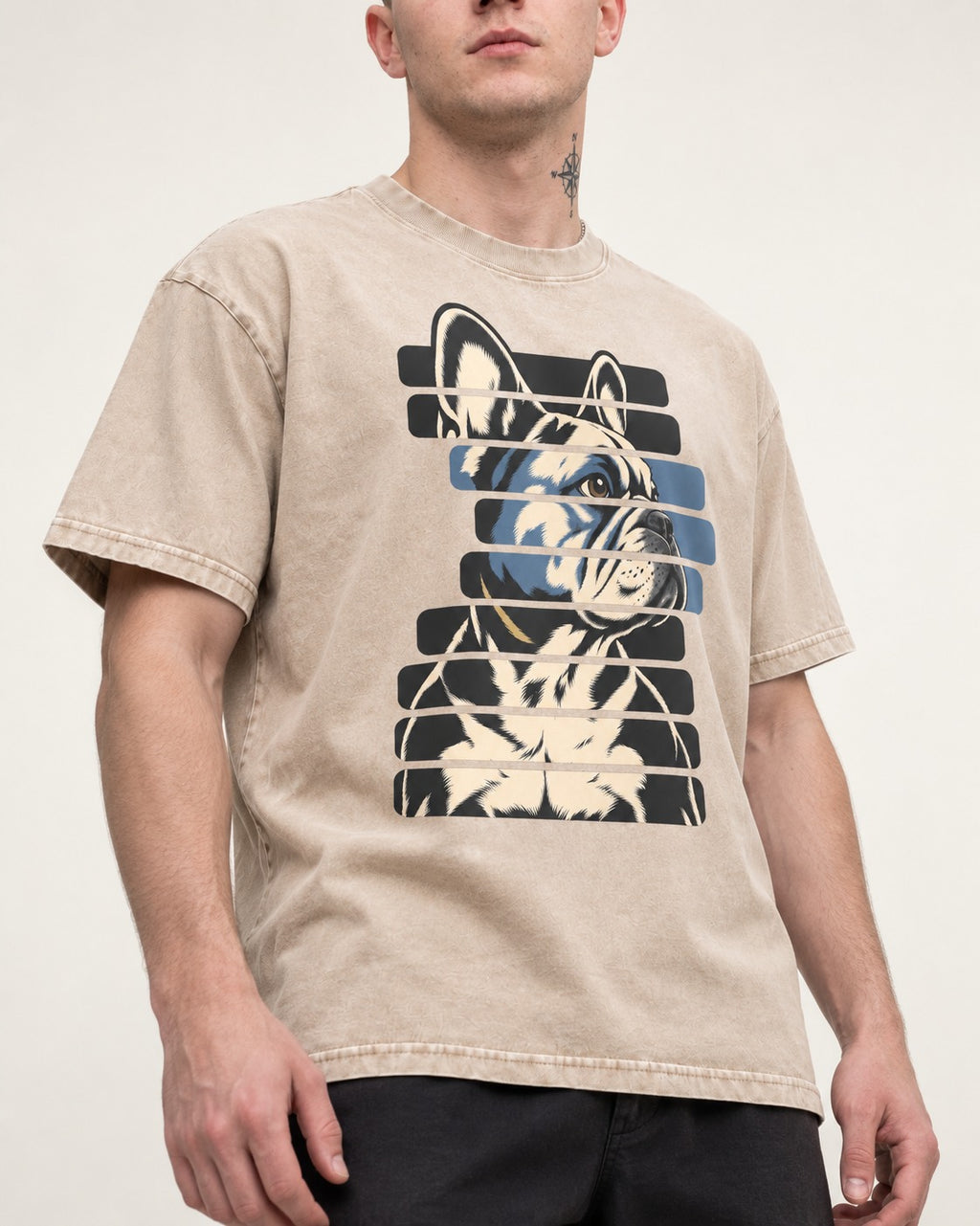 Frenchie Quiet Confidence Washed Tee in Apricot, worn by a model, front view