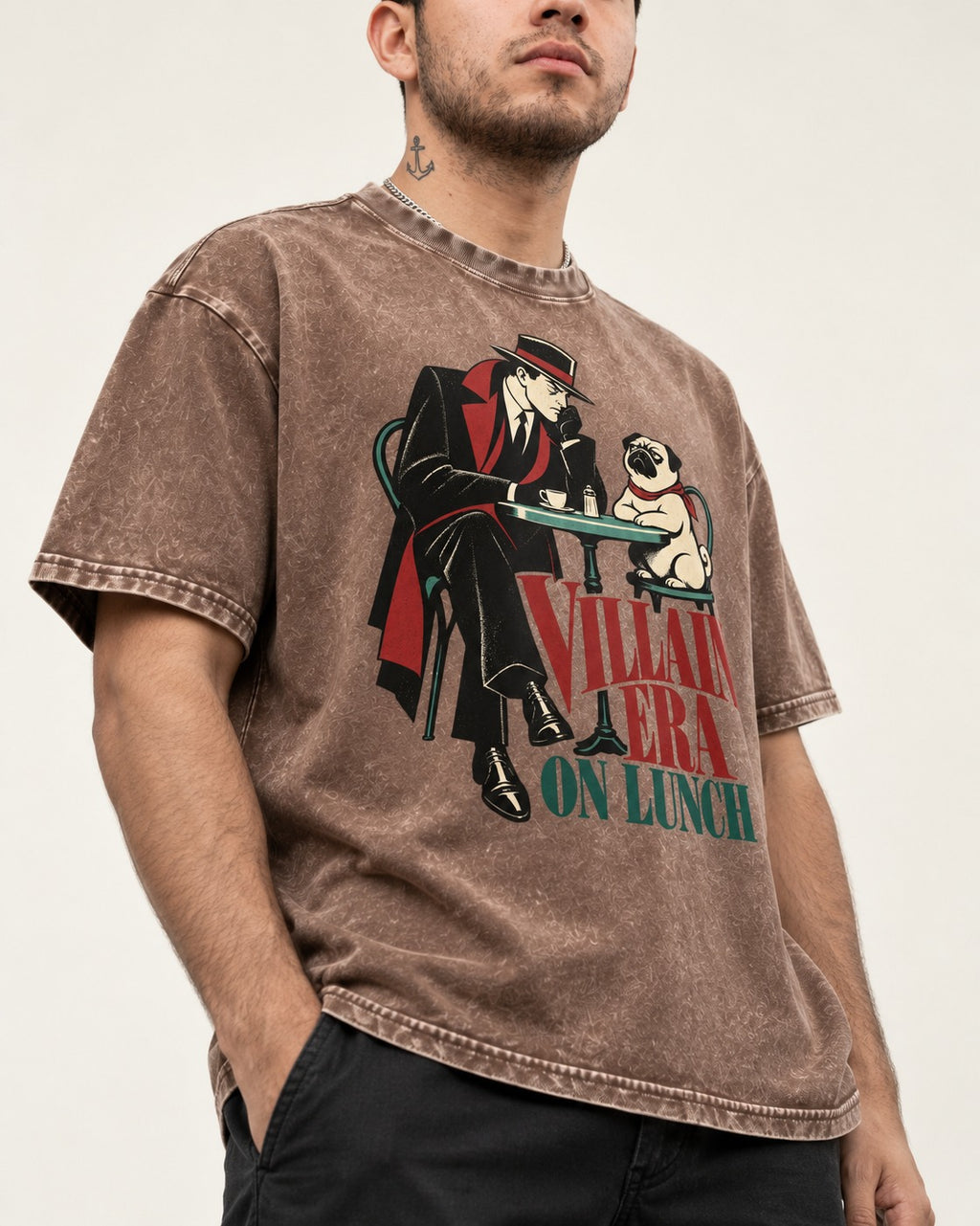 Pug Villain Era Washed Tee in Coffee, worn by a model, front view