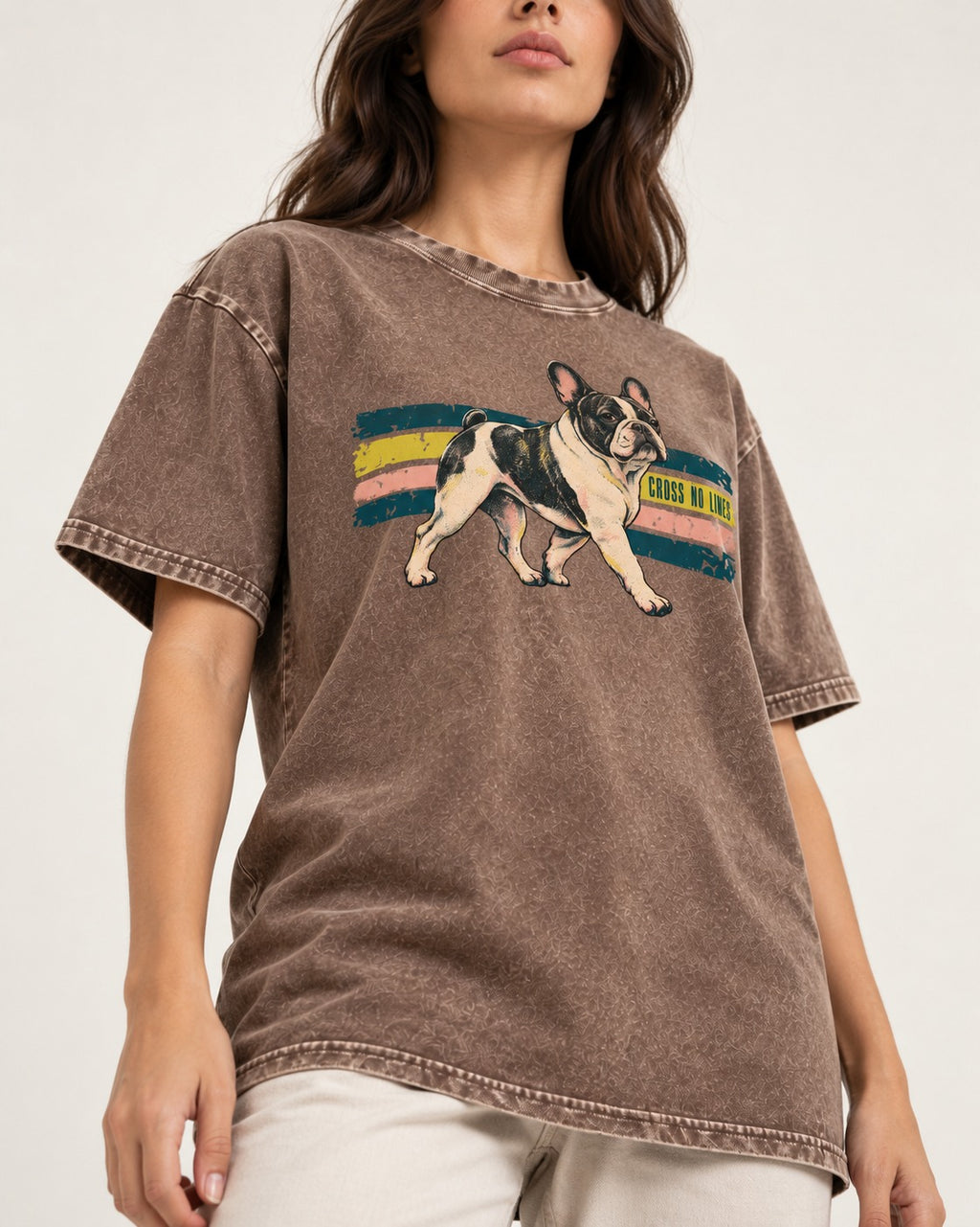 Frenchie Cross No Lines Washed Tee in Coffee, worn by a model, front view