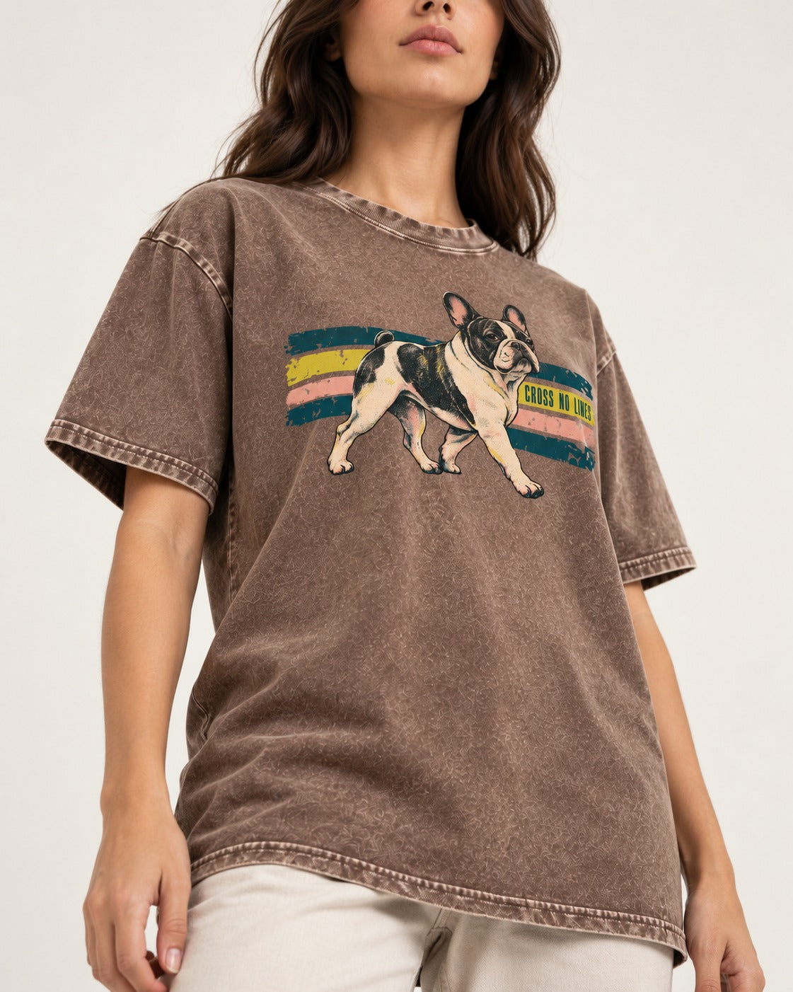Frenchie Cross No Lines Washed Tee in Coffee, worn by a model, front view