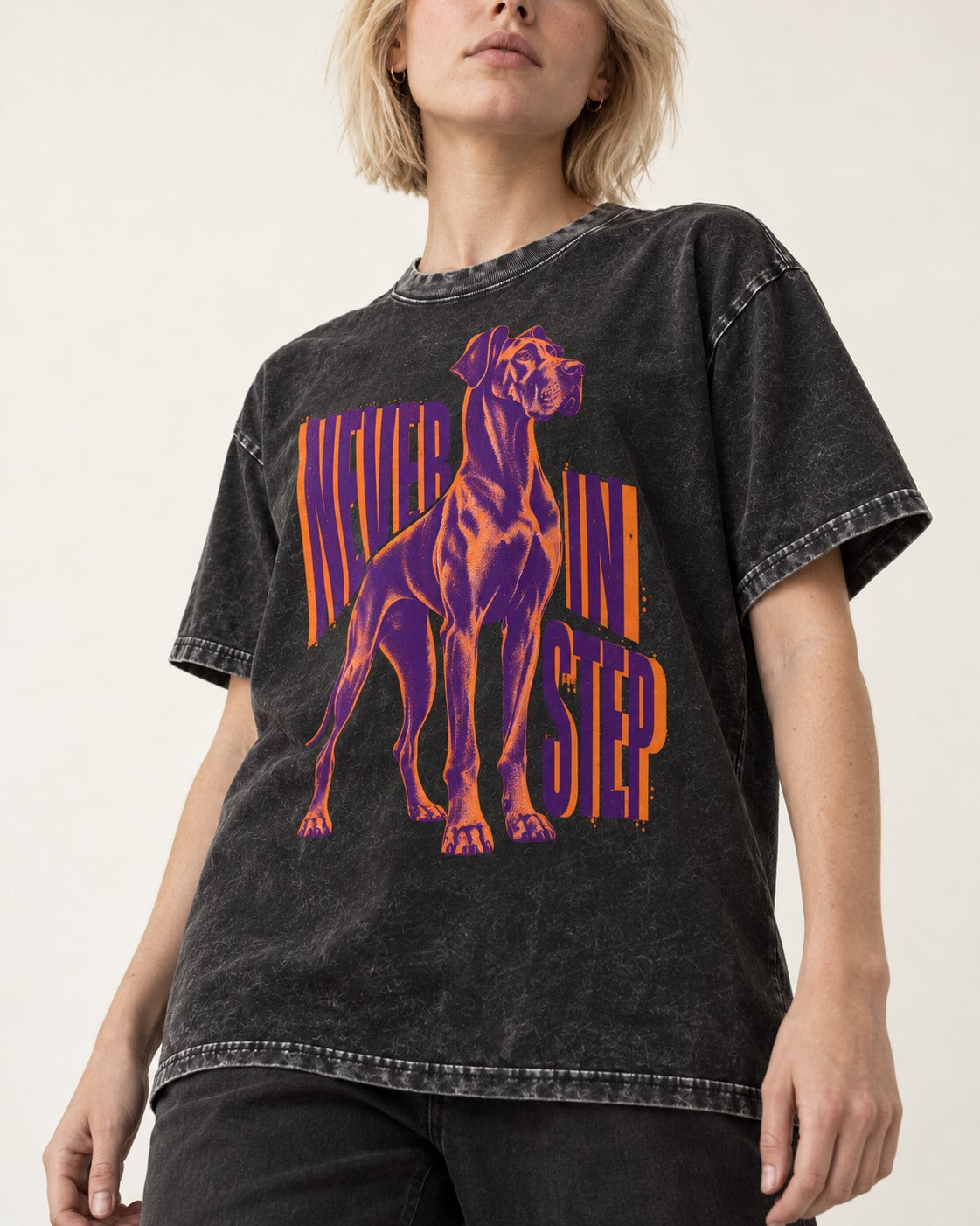 Great Dane Never in Step Standing Graphic Washed Tee in Black, worn by a model, front view
