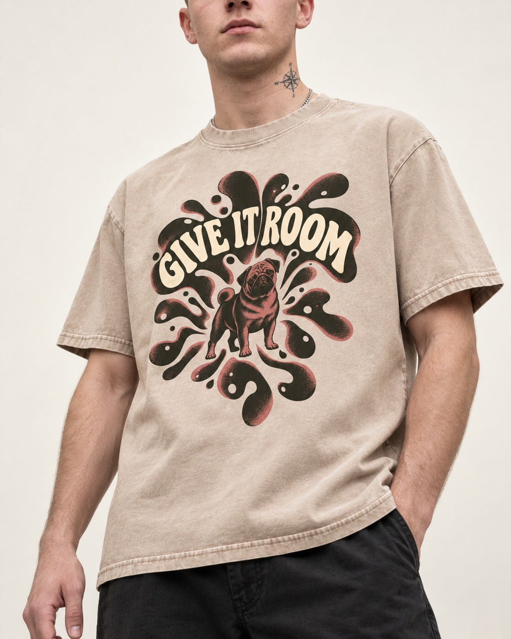Give Pug Room Washed Tee in Apricot, worn by a model, front view