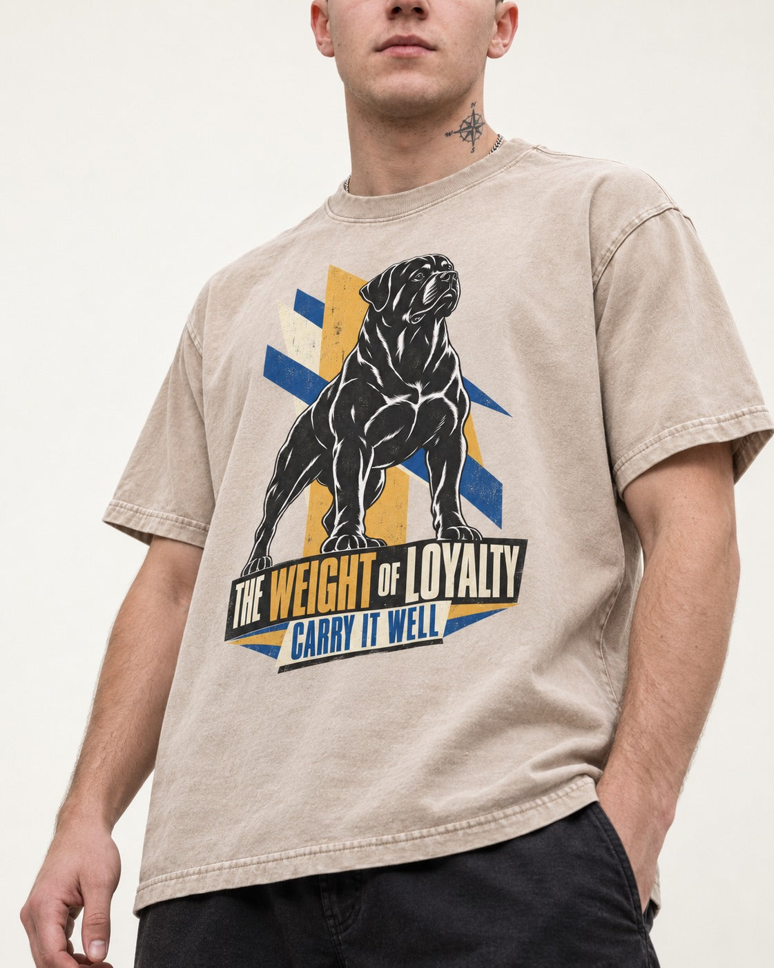 Rottweiler Weight of Loyalty Washed Tee in Apricot, worn by a model, front view