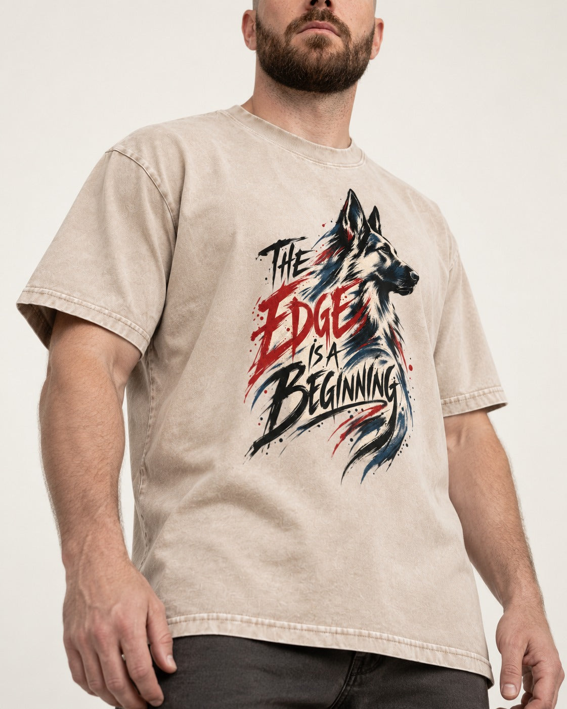 Edge Is a Beginning German Shepherd Dog Washed Tee in Apricot, worn by a model, front view