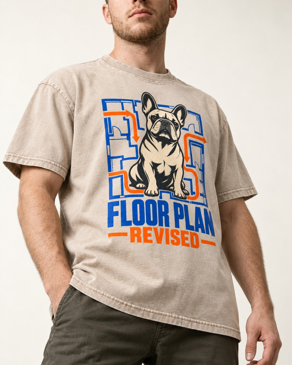 Frenchie Floor Plan Revised Washed Tee in Apricot, worn by a model, front view