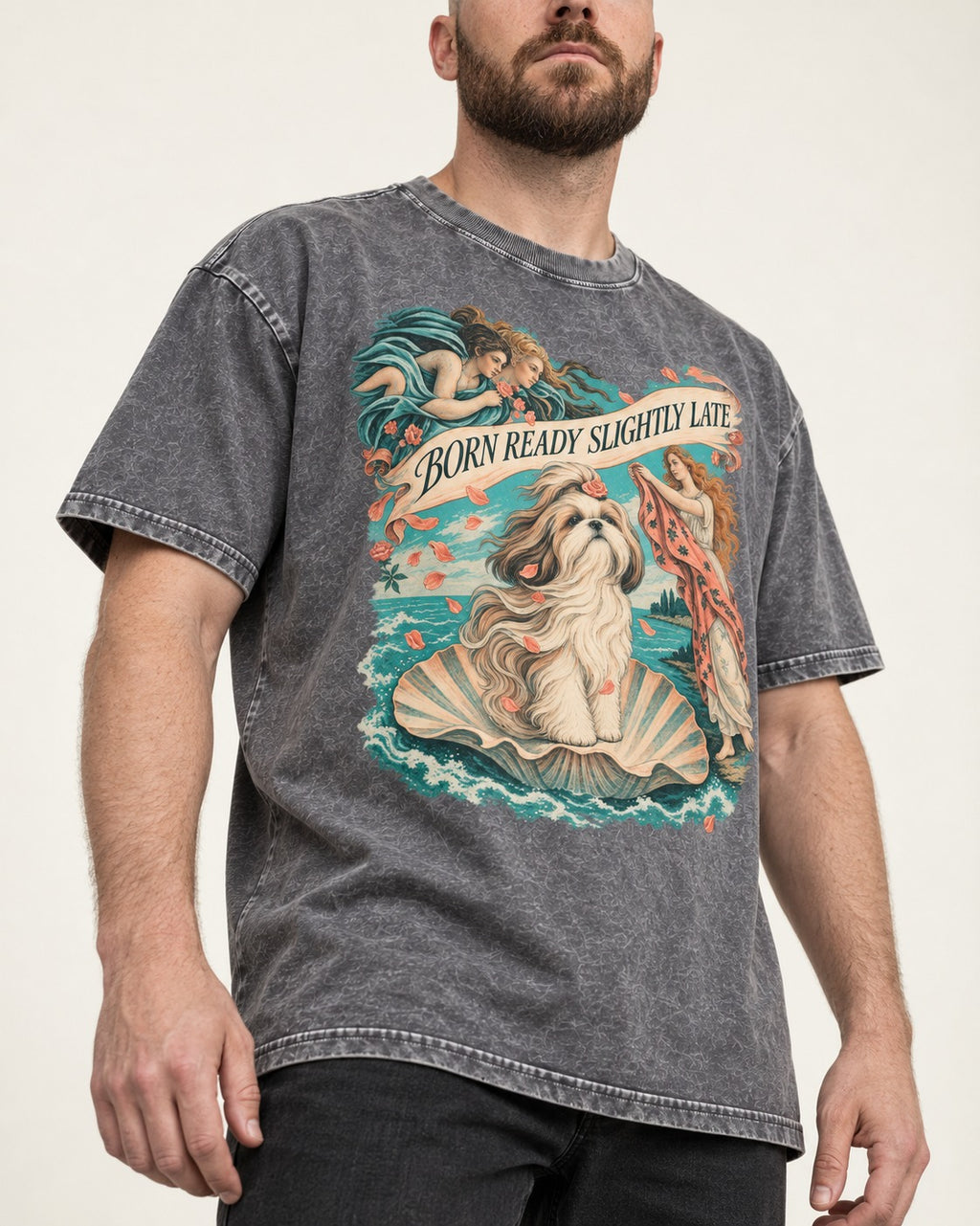 Shih Tzu Born Ready Slightly Late Venus Graphic Washed Tee in Gray, worn by a model, front view