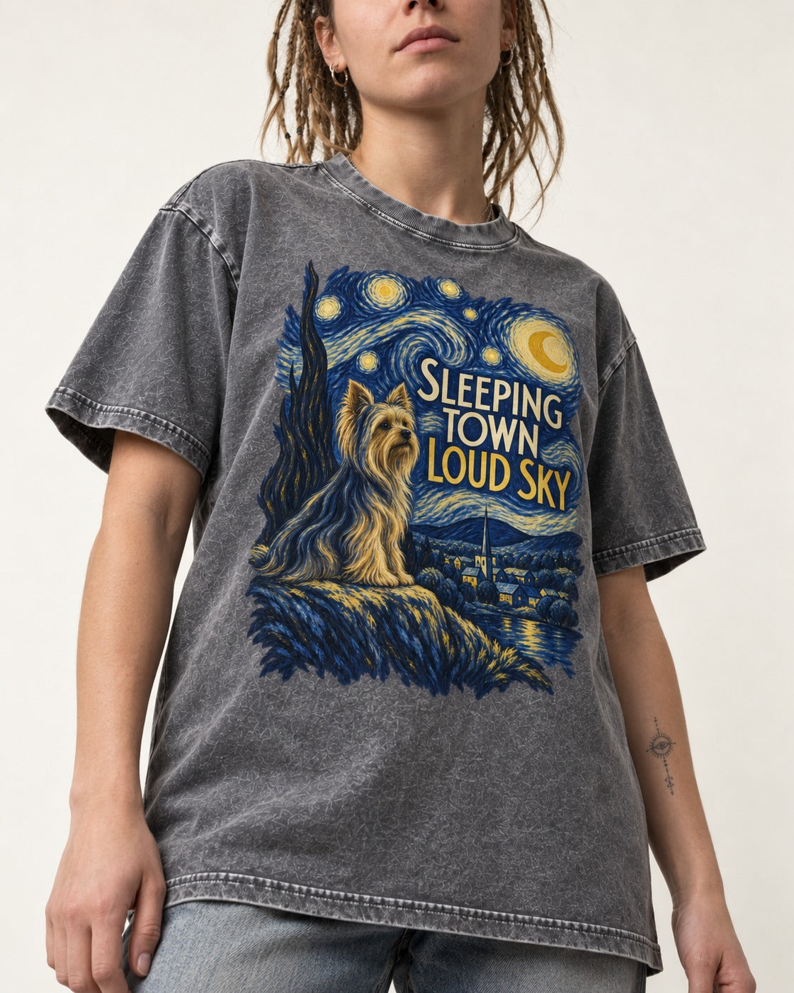 Yorkshire Terrier Sleeping Town Loud Sky Starry Night Graphic Washed Tee in Gray, worn by a model, front view