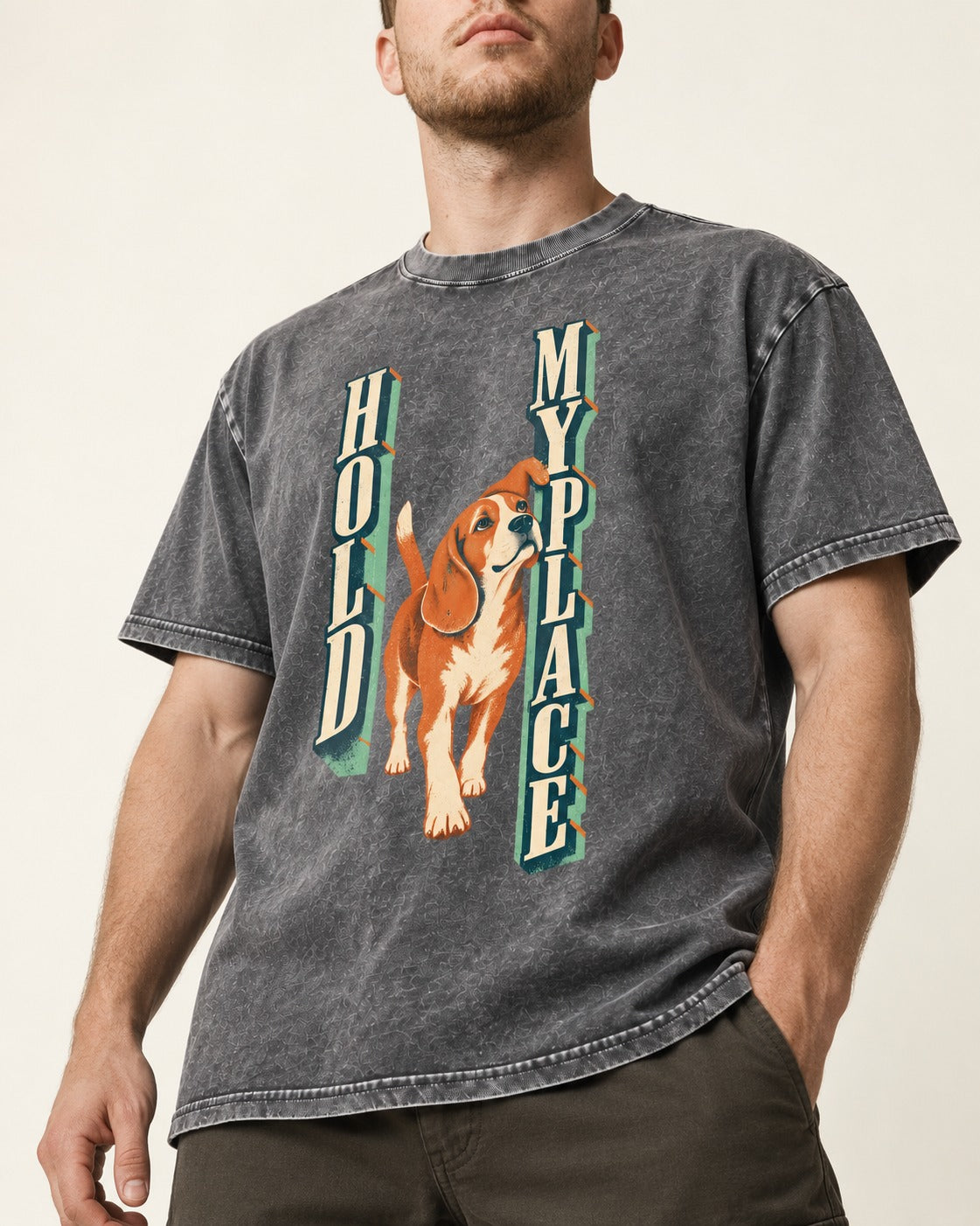 Vintage Beagle Hold My Place Washed Tee in Gray, worn by a model, front view