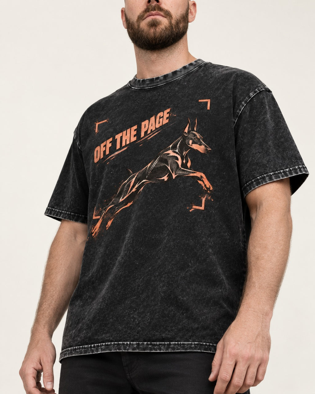 Doberman Off the Page Focus Frame Graphic Washed Tee in Black, worn by a model, front view