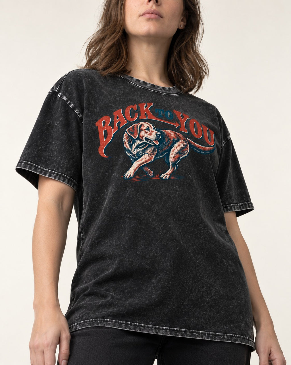 Labrador Retriever Back to You Turning Graphic Washed Tee in Black, worn by a model, front view