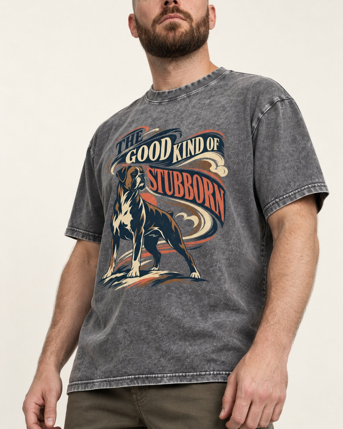 Boxer The Good Kind of Stubborn Washed Tee in Gray, worn by a model, front view