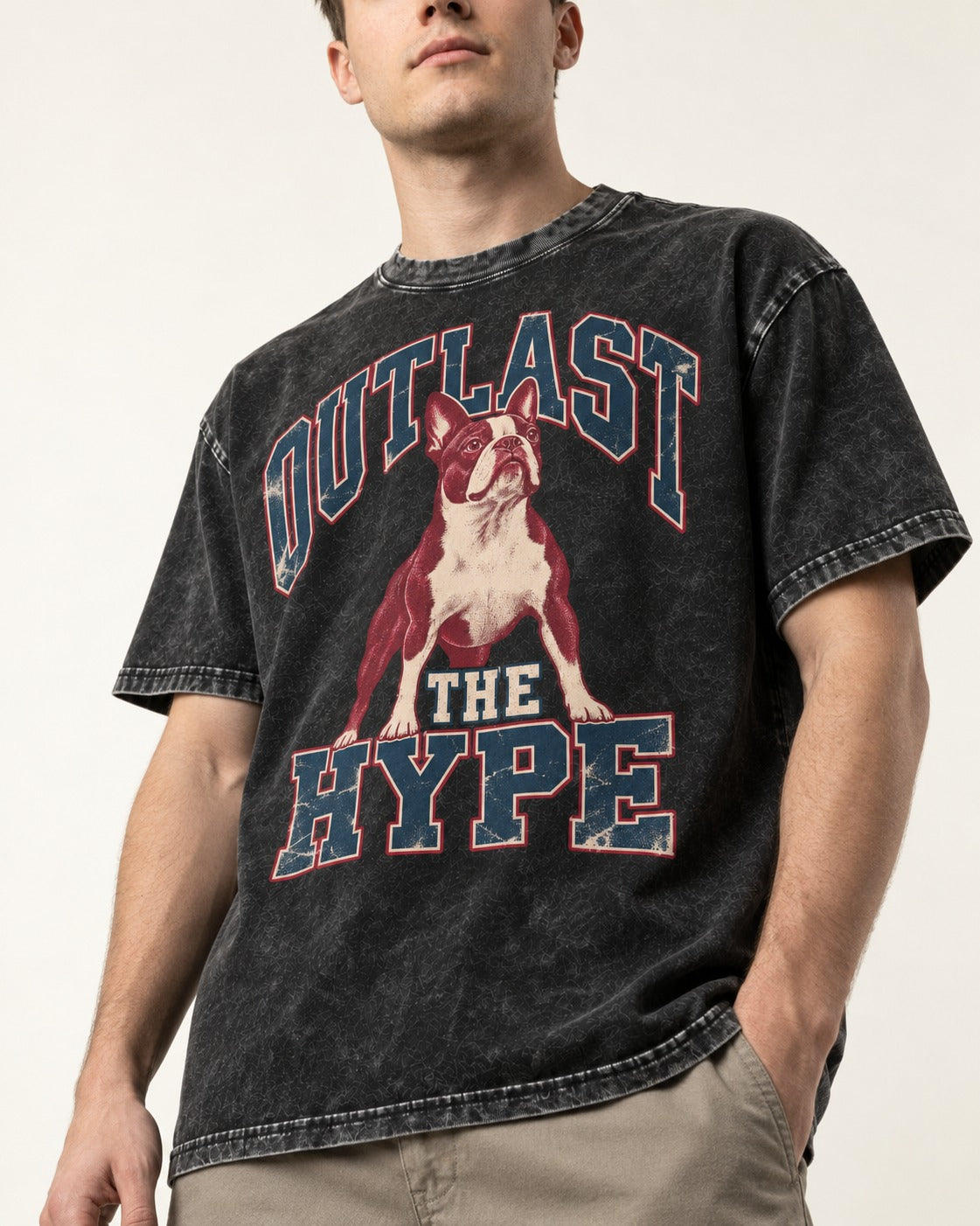 Boston Terrier Outlast The Hype Collegiate Graphic Washed Tee in Black, worn by a model, front view