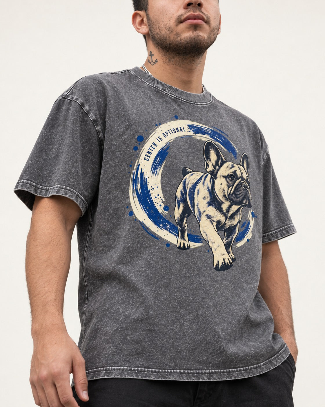 Frenchie Center Is Optional Brush Circle Graphic Washed Tee in Gray, worn by a model, front view