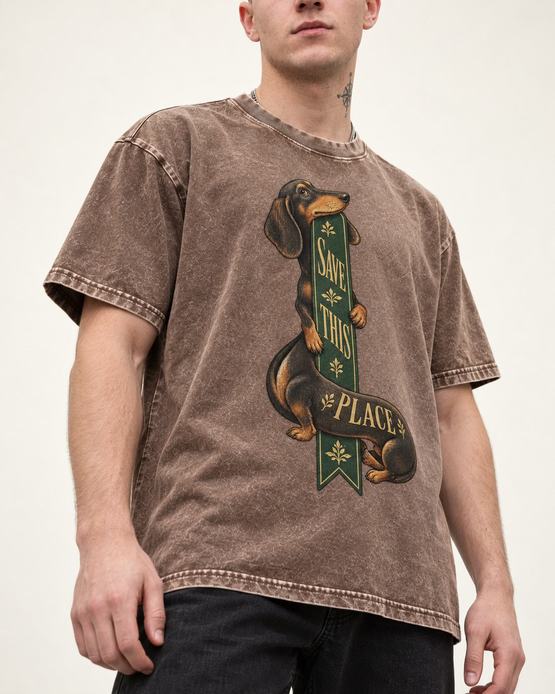 Save This Place Dachshund Washed Tee in Coffee, worn by a model, front view