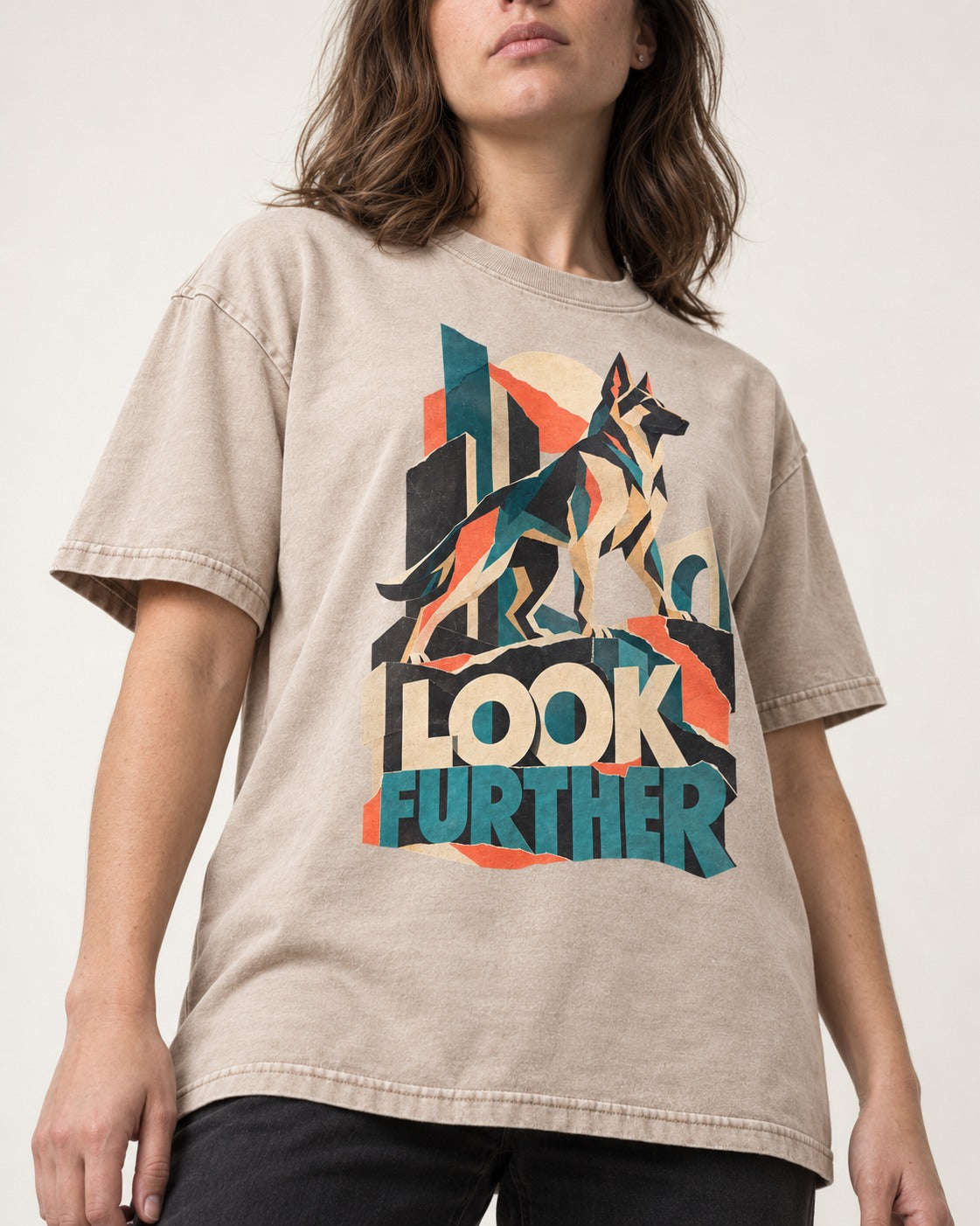 Look Further German Shepherd Dog Washed Tee in Apricot, worn by a model, front view