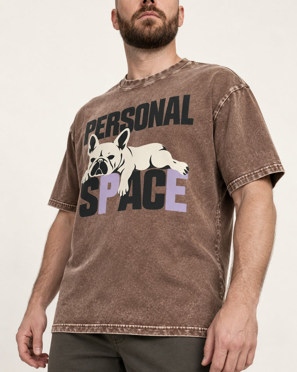 Frenchie Personal Space Reclining Graphic Washed Tee in Coffee, worn by a model, front view
