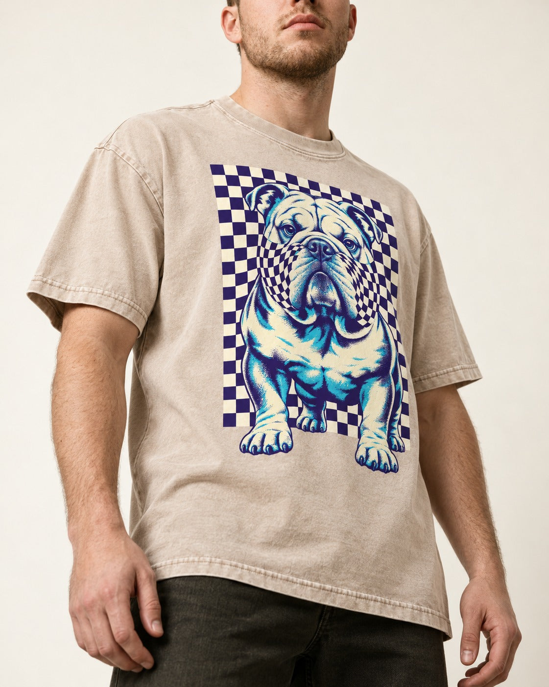 English Bulldog Double Take Washed Tee in Apricot, worn by a model, front view