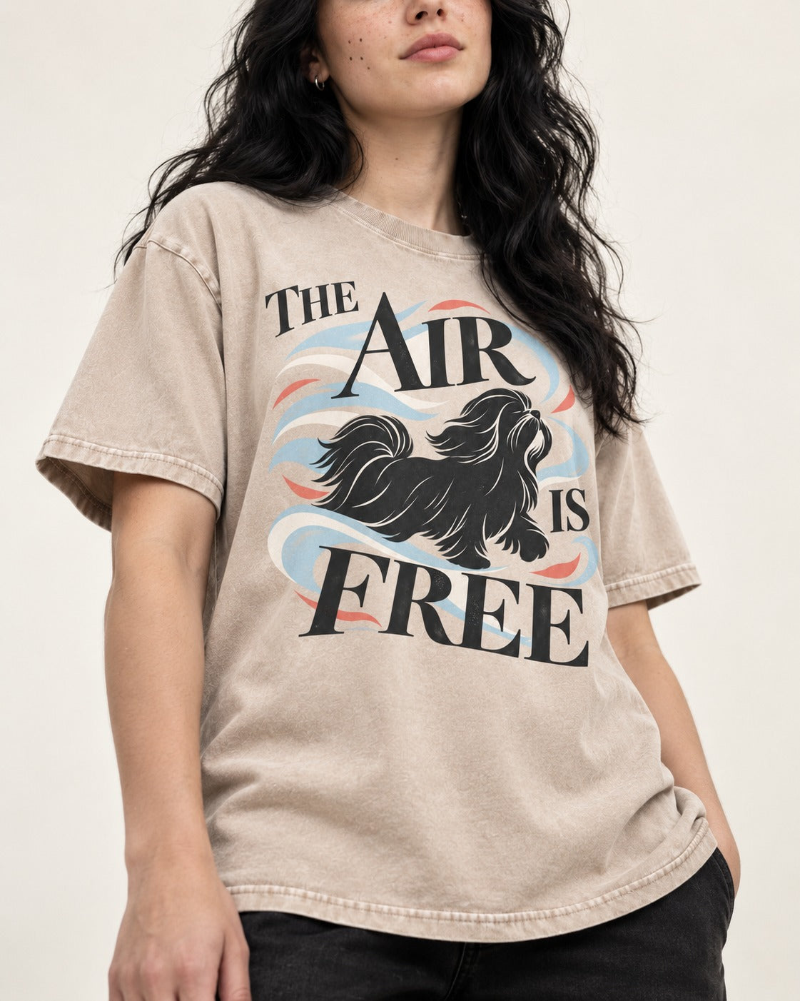 The Air Is Free Shih Tzu Washed Tee in Apricot, worn by a model, front view