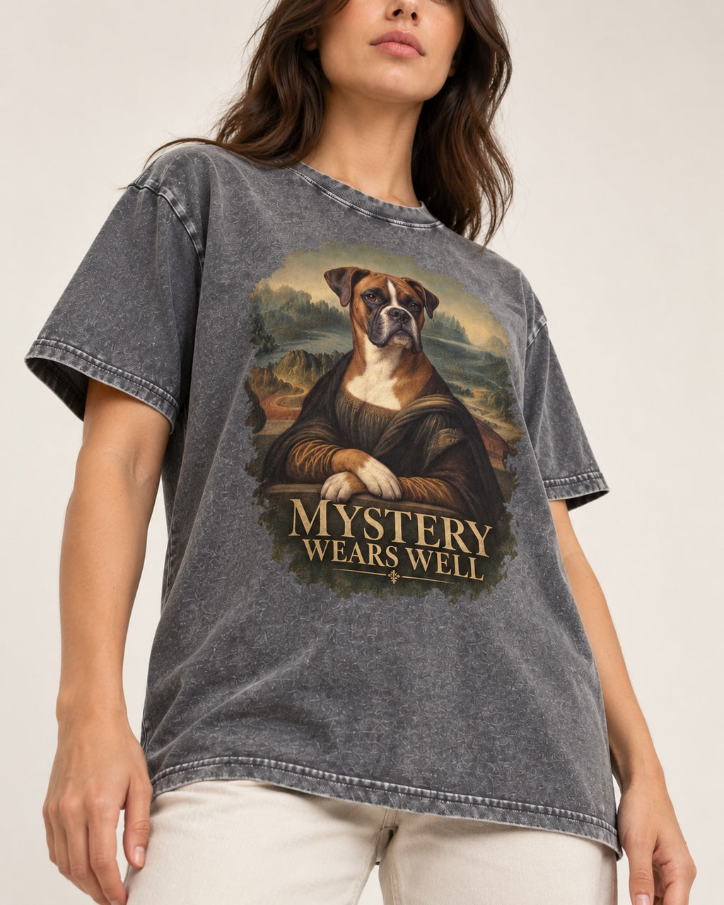 Mystery Wears Well Boxer Mona Lisa Portrait Washed Tee in Gray, worn by a model, front view