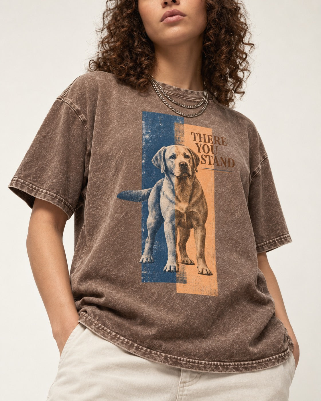 There You Stand Labrador Retriever Washed Tee in Coffee, worn by a model, front view