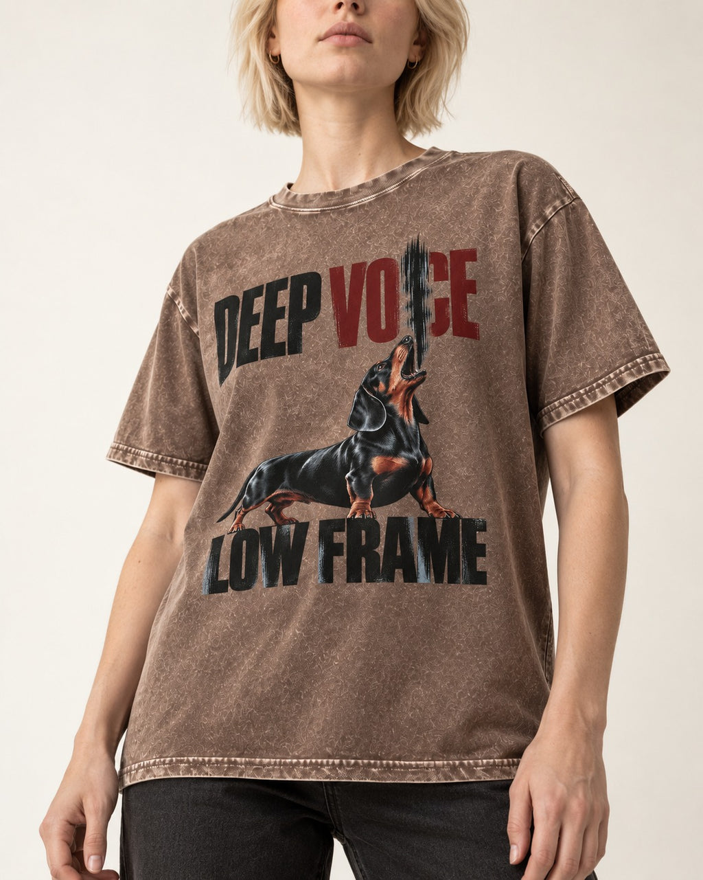 Deep Voice Low Frame Dachshund Washed Tee in Coffee, worn by a model, front view