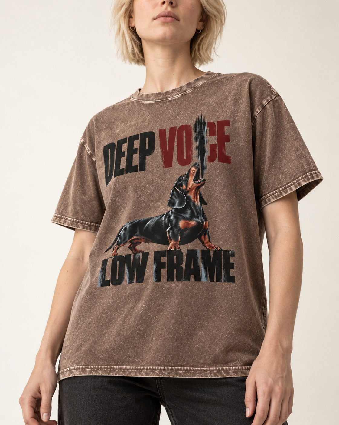 Deep Voice Low Frame Dachshund Washed Tee in Coffee, worn by a model, front view