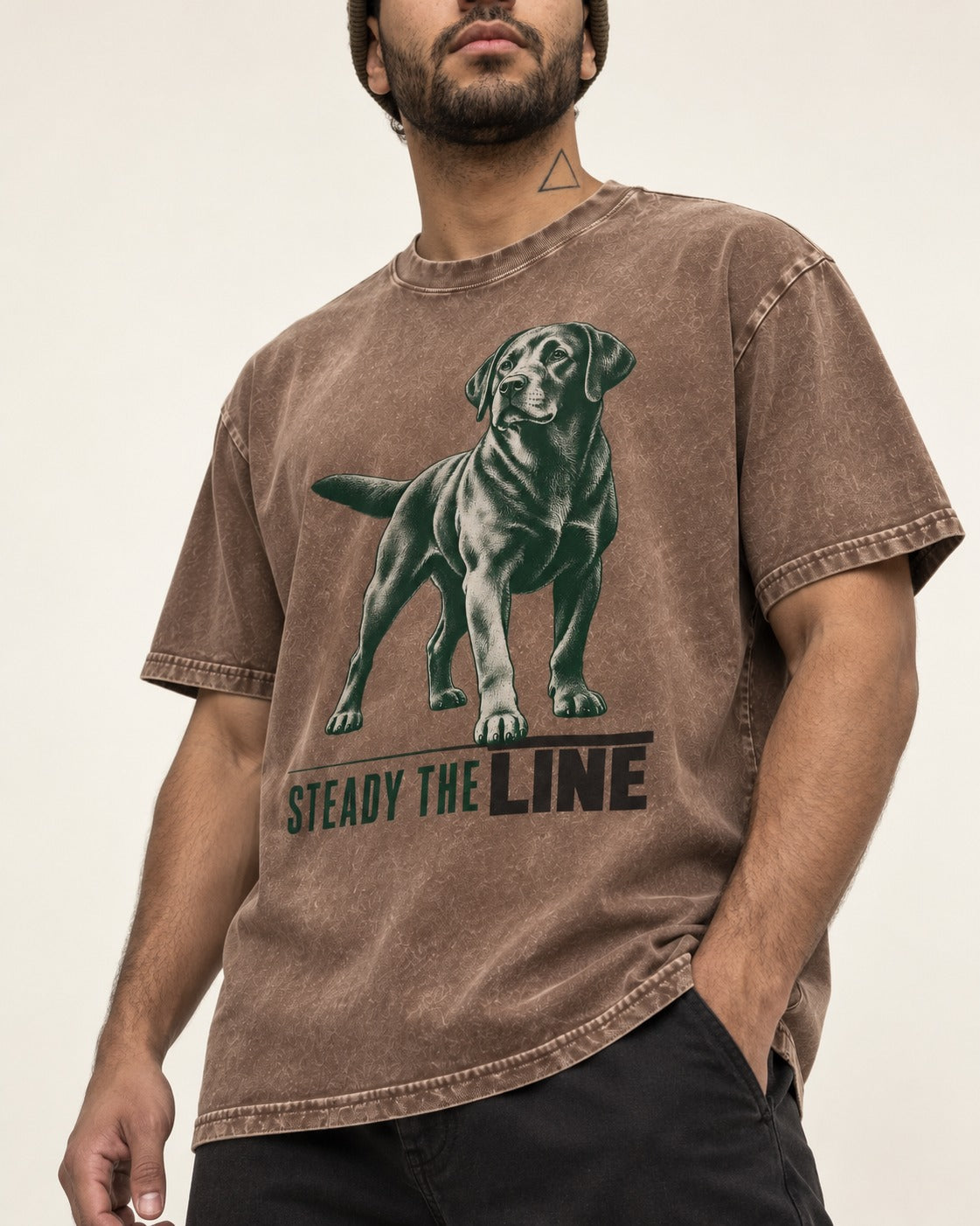 Steady the Line Labrador Retriever Washed Tee in Coffee, worn by a model, front view