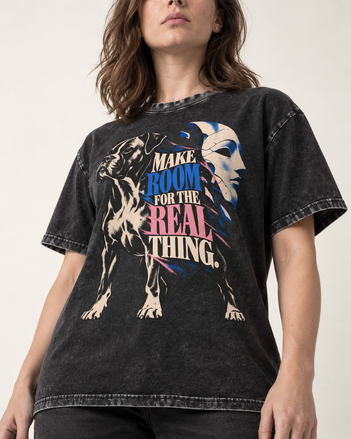 Make Room for the Real Thing Boxer Broken Mask Graphic Washed Tee in Black, worn by a model, front view
